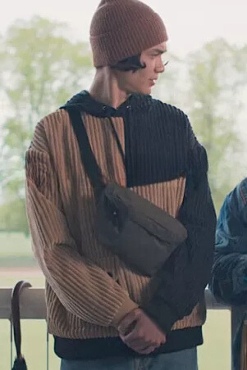 TAO XU WEARS LNP'S PATCHWORK CORDUROY HOODIE ON HEARTSTOPPER