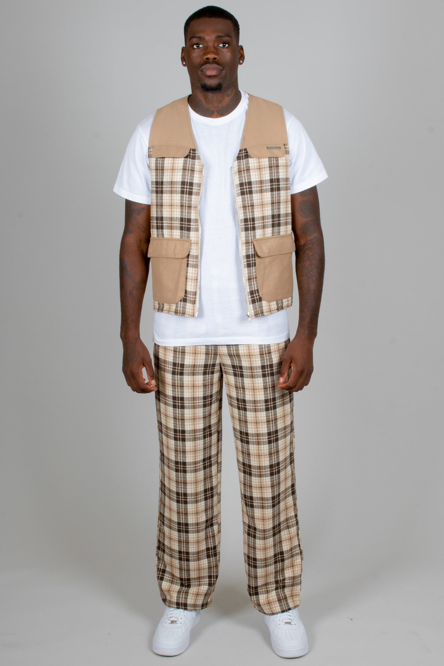 Tan Checked Utility Vest