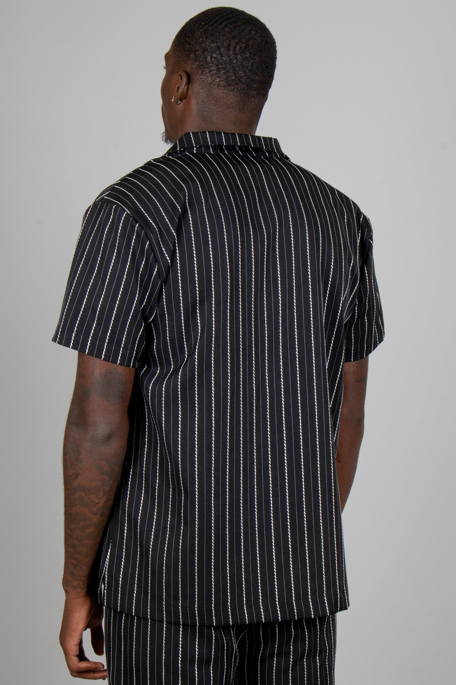 Black Pinstripe Revere Collar Short Sleeve Shirt