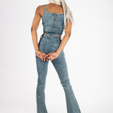 Vintage Blue Stitch Detail Crop Top