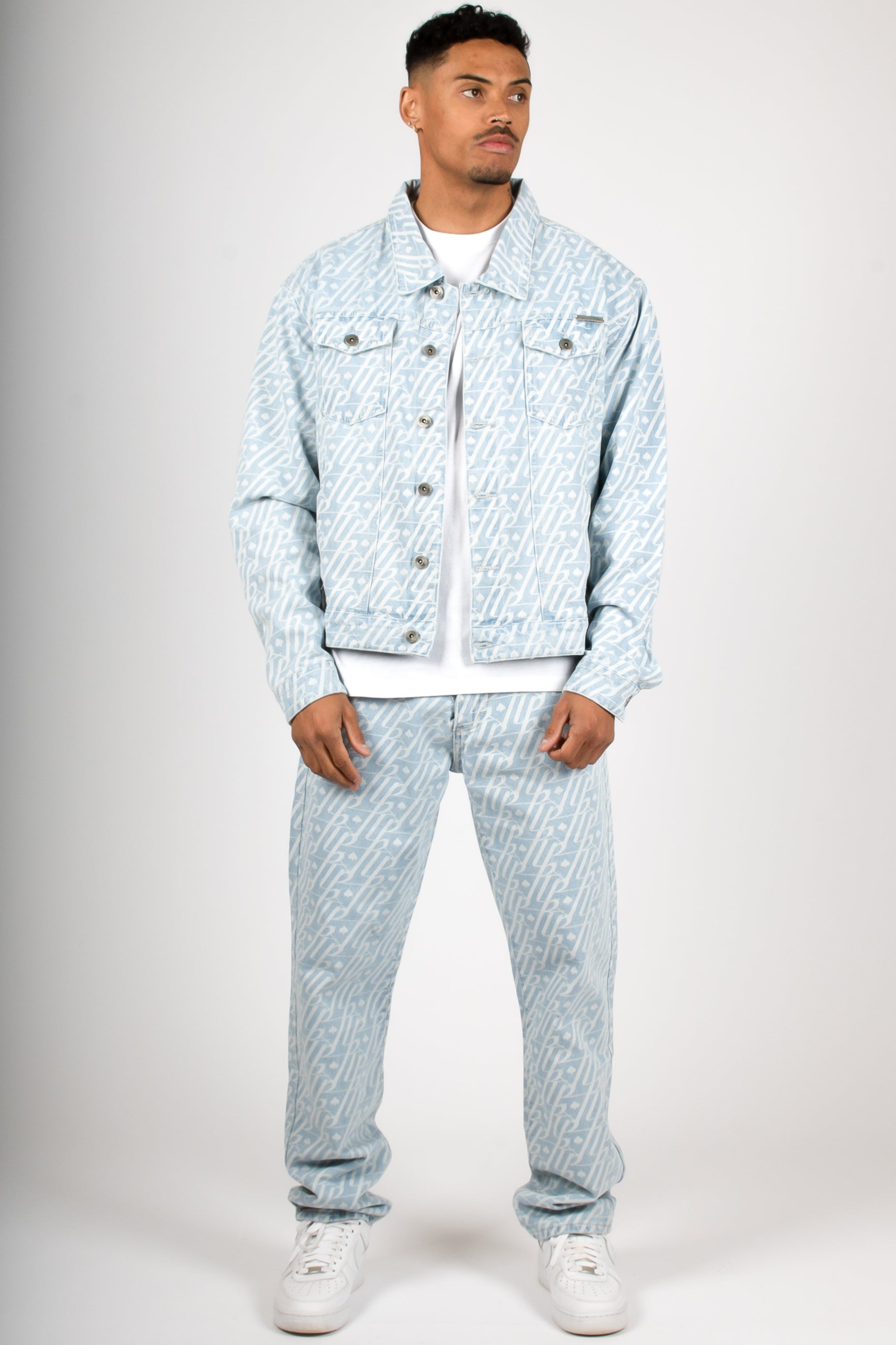 Oversized Lighwash Monogram Print Trucker Jacket