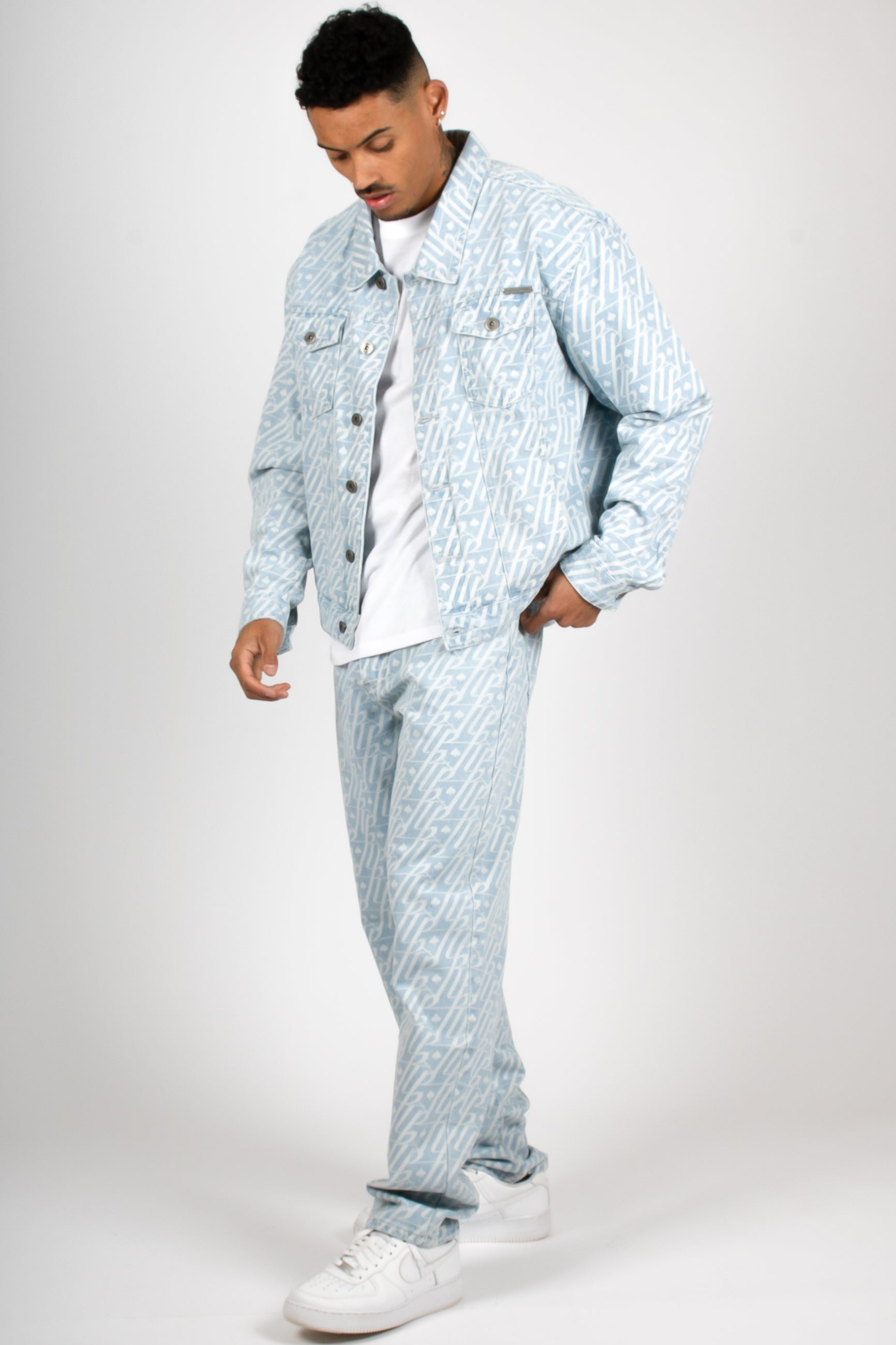 Oversized Lighwash Monogram Print Trucker Jacket