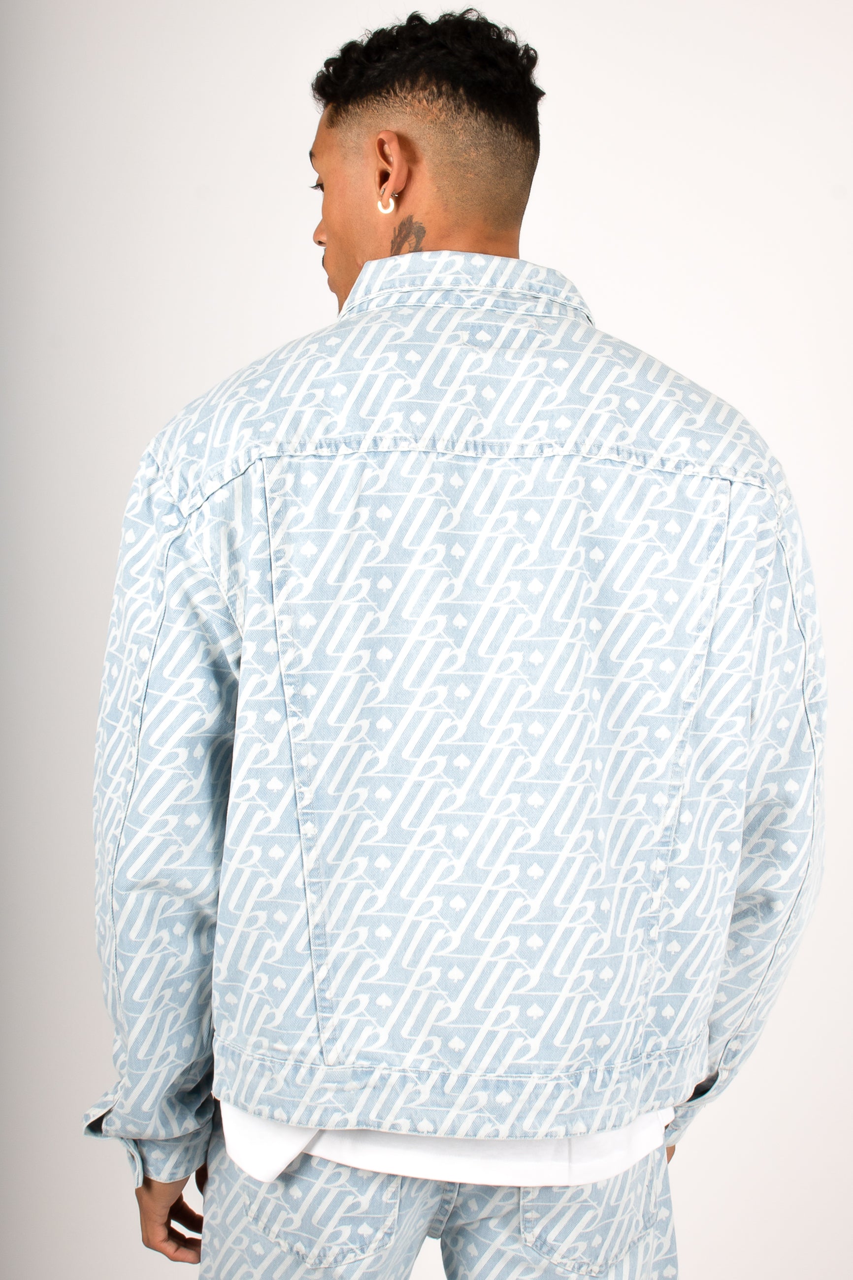 Oversized Lighwash Monogram Print Trucker Jacket