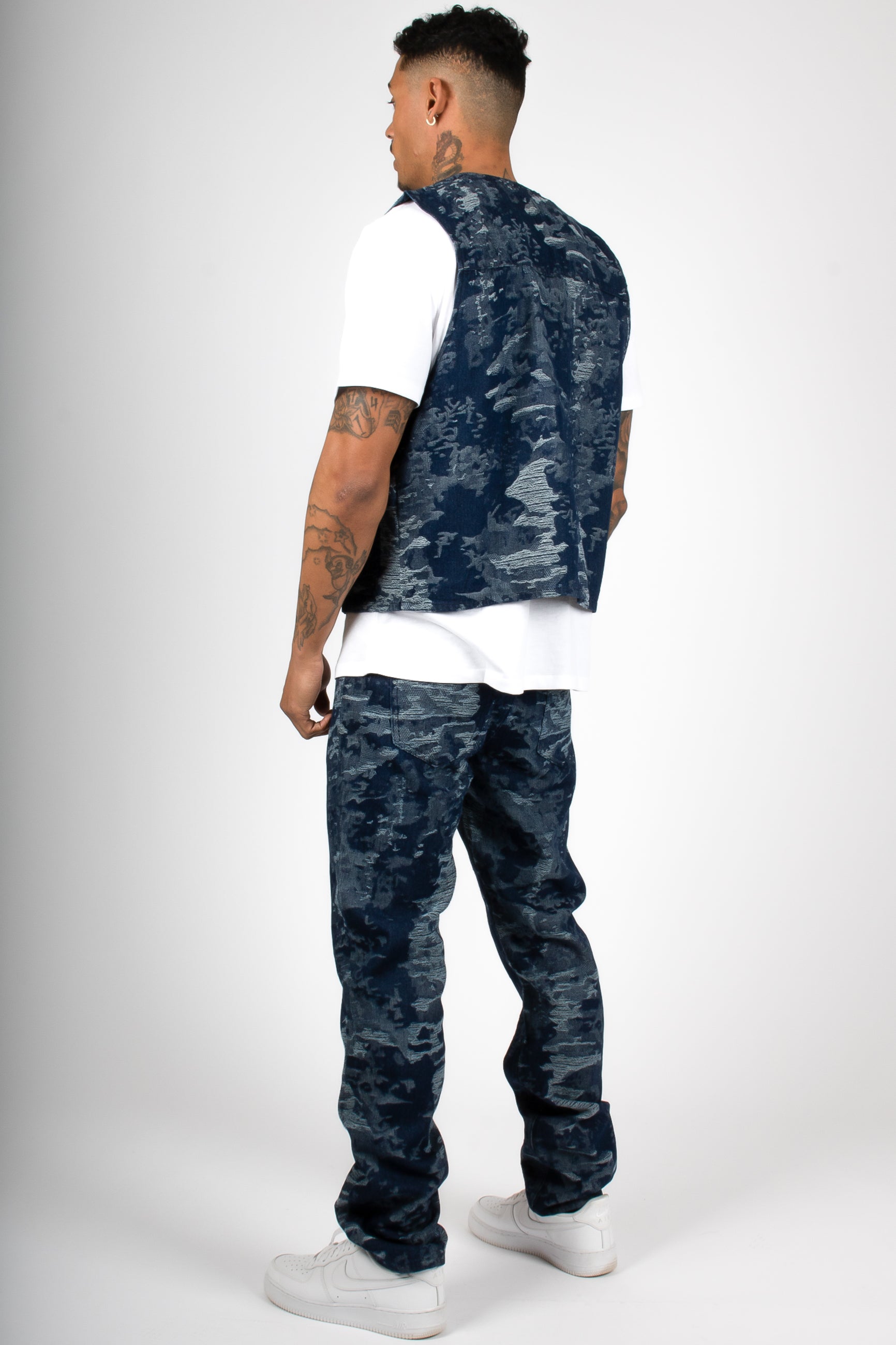 Blue Textured Camo Straight Leg Denim Jeans