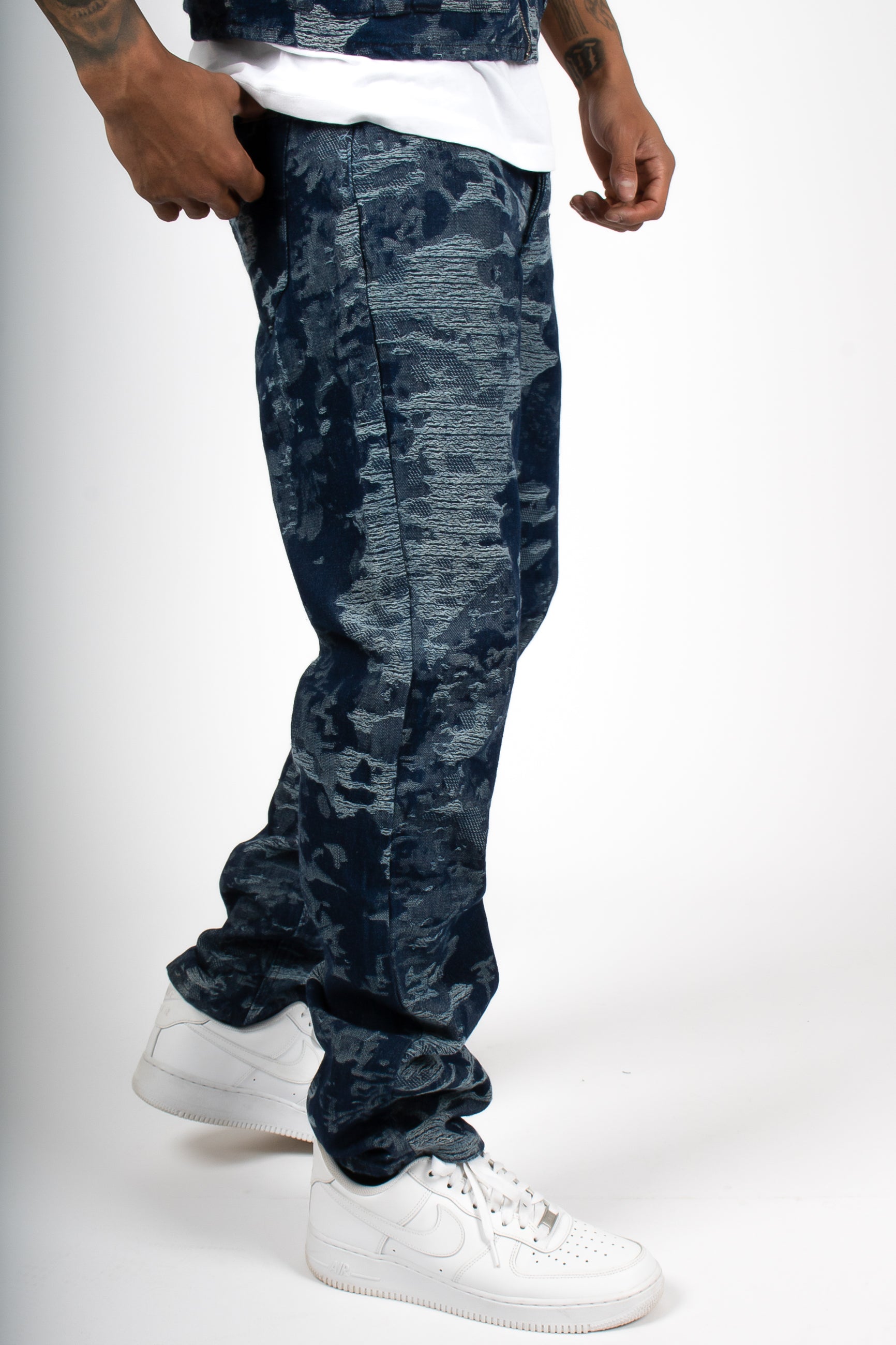 Blue Textured Camo Straight Leg Denim Jeans