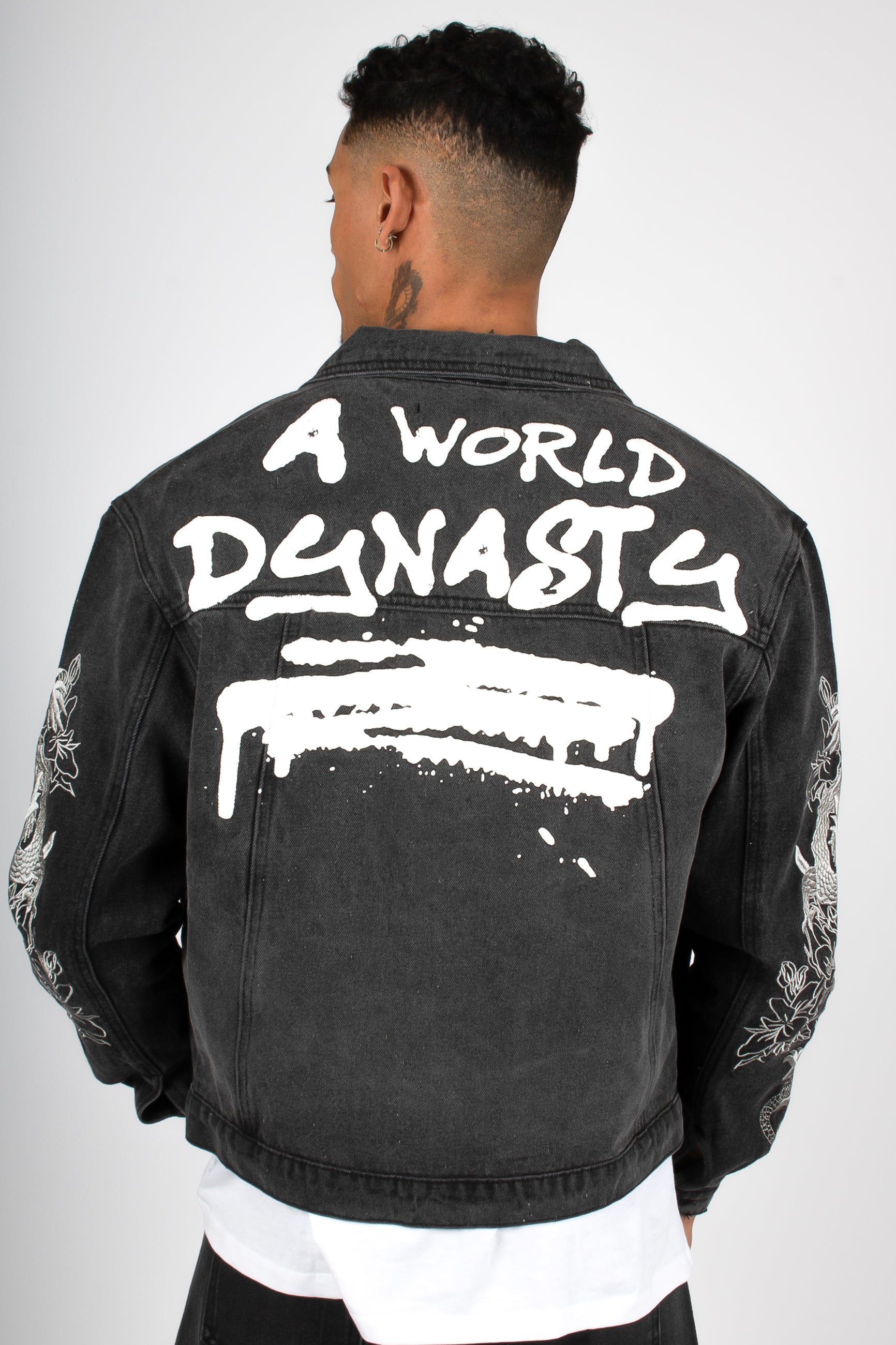 A World Dynasty Oversized Denim Jacket in Washed Black
