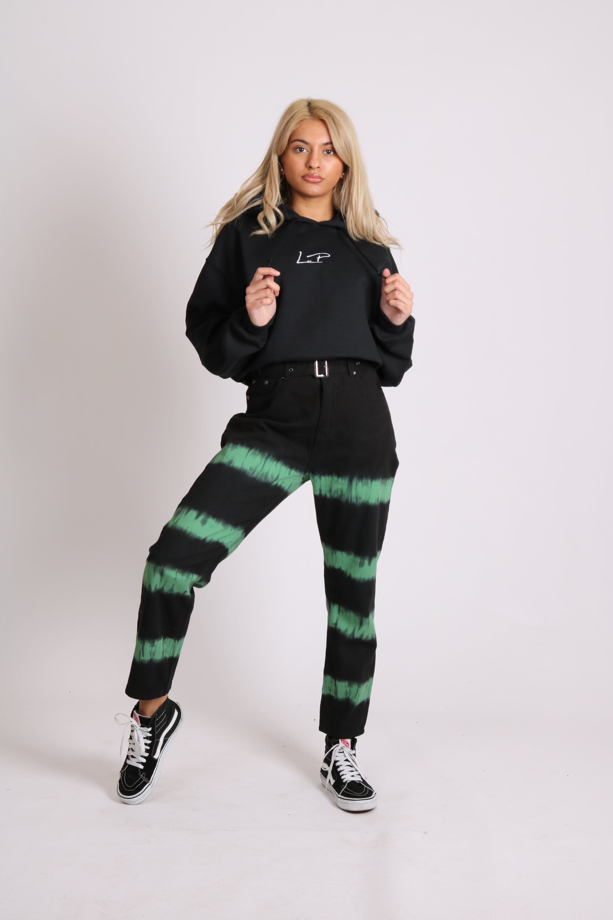 Minty Wide Leg Jeans In Black With Tie Dye Stripe