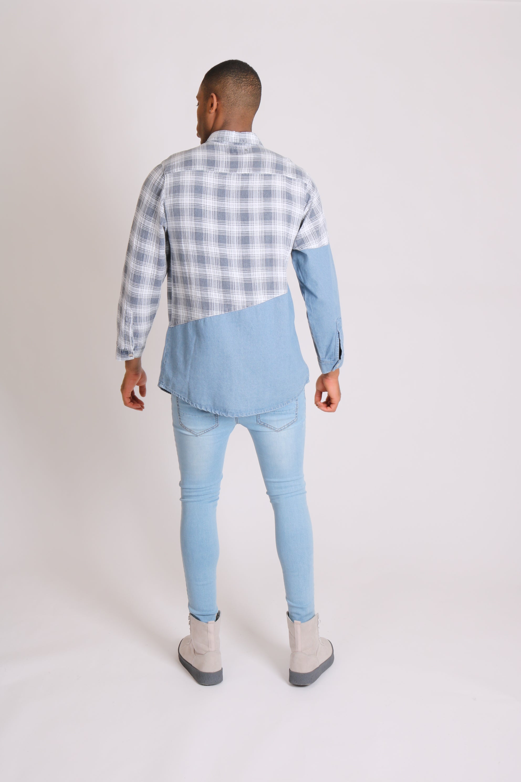 Cleveland Light Denim Shirt With Contrast Flannel Check