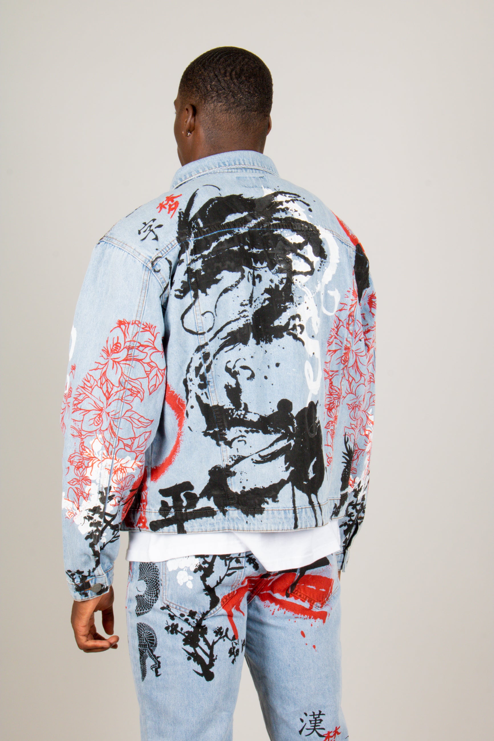 All-Over Dragon Graffiti Print Oversized Stonewash Trucker Jacket
