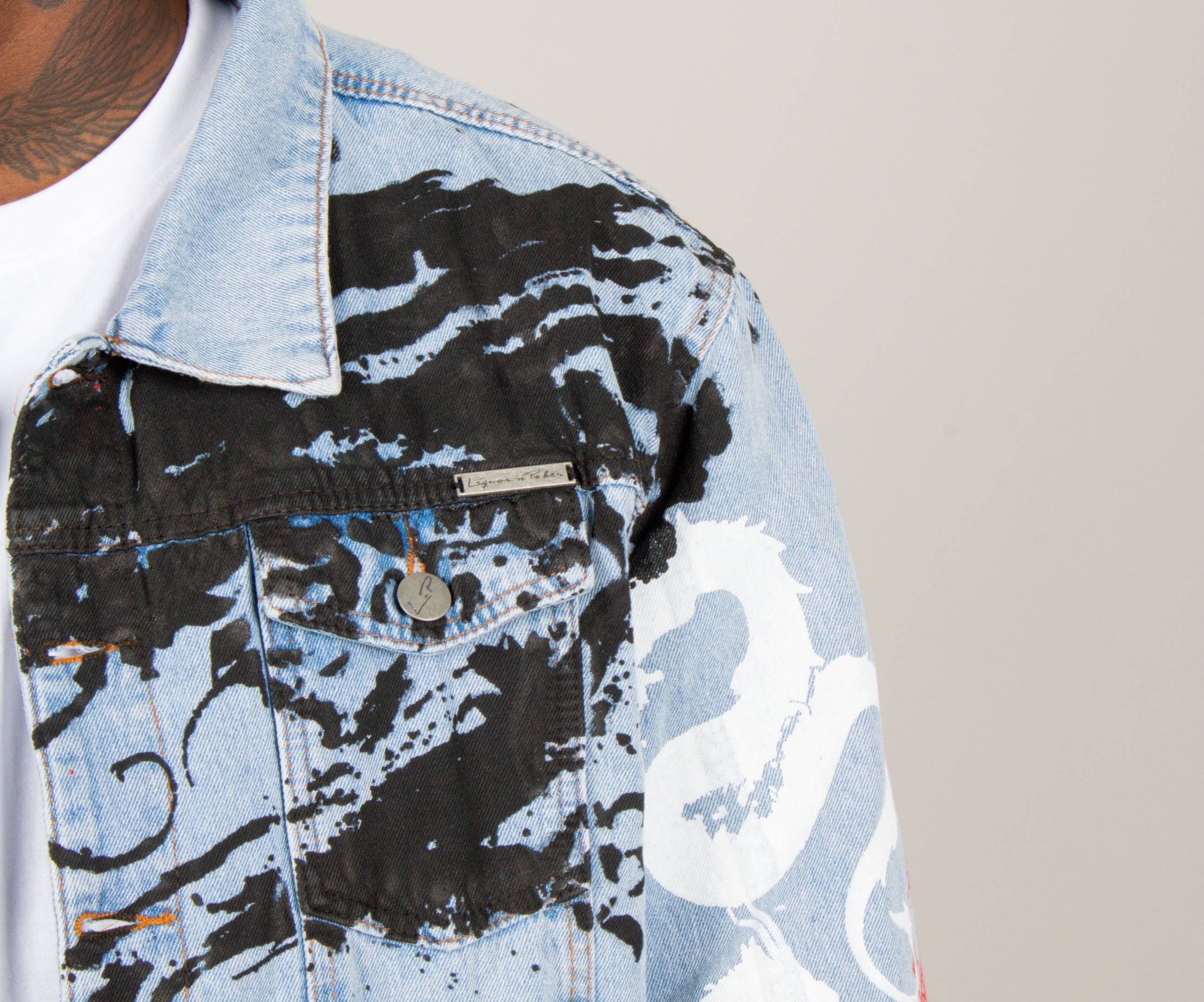 All-Over Dragon Graffiti Print Oversized Stonewash Trucker Jacket