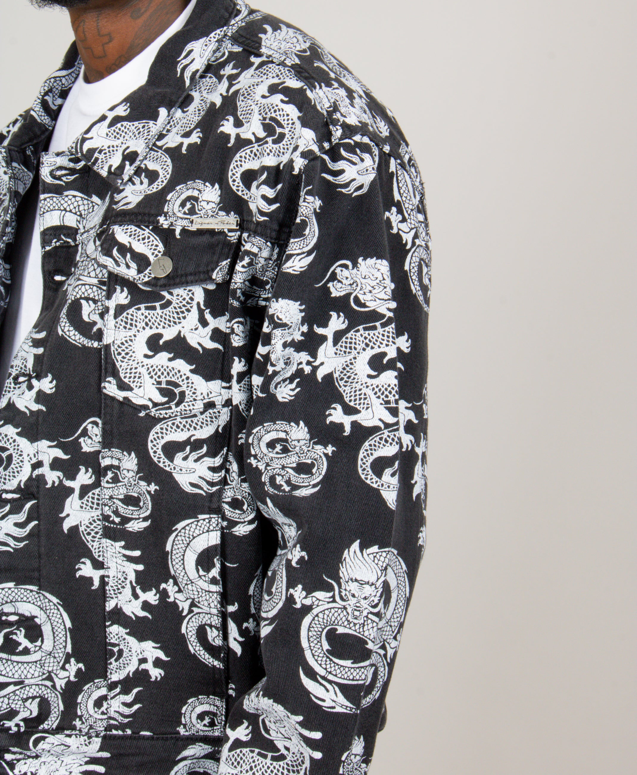 All-Over Dragon Print Oversized Black Denim Trucker Jacket