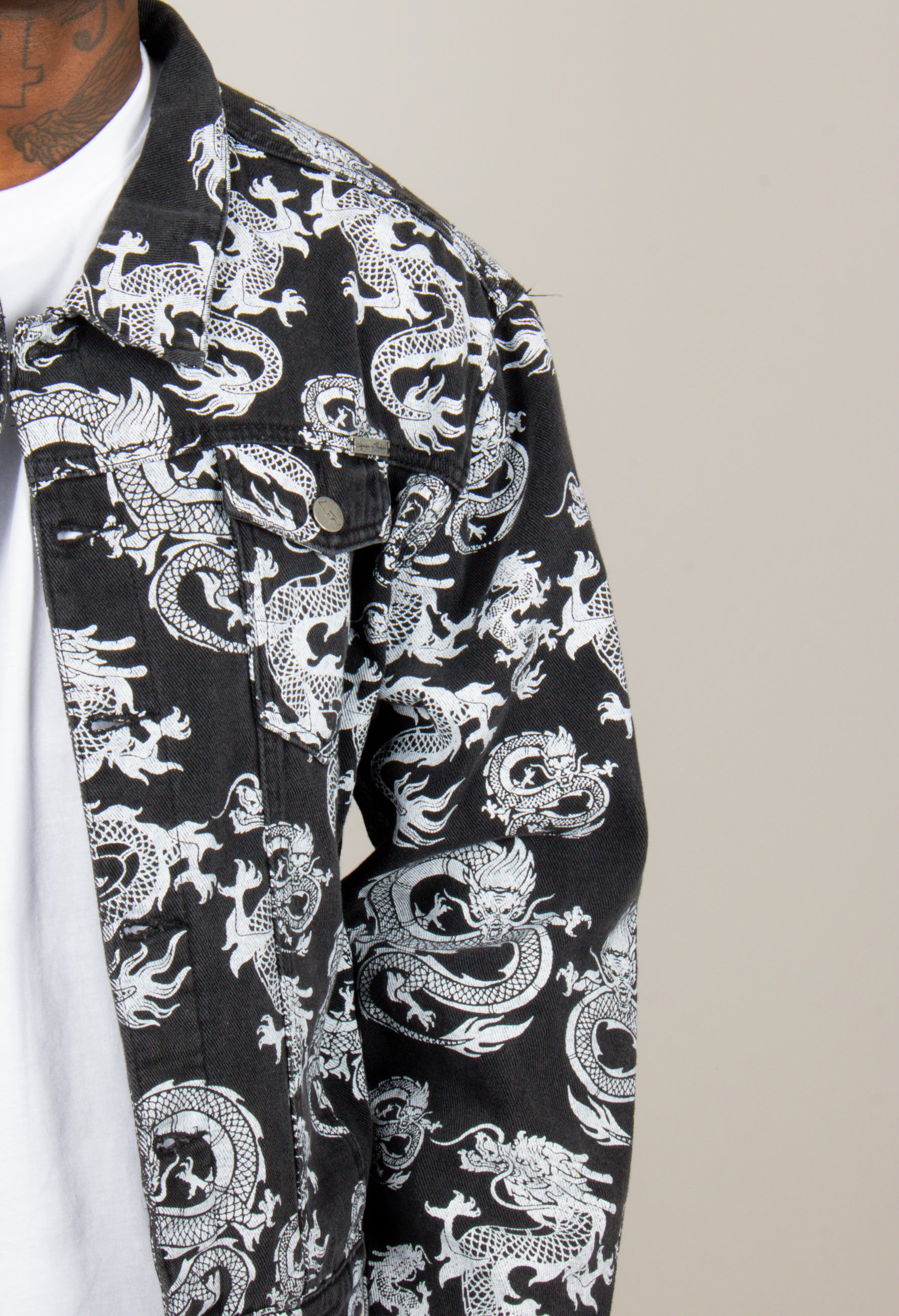 All-Over Dragon Print Oversized Black Denim Trucker Jacket