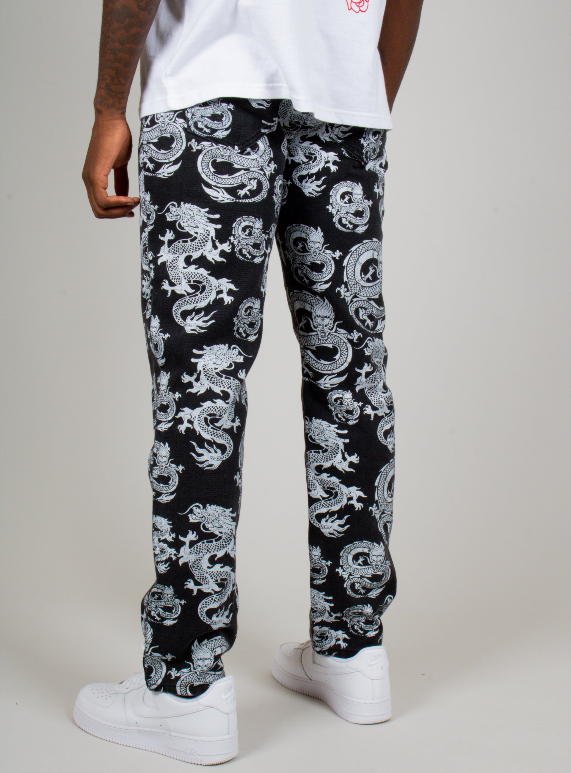 All-Over Dragon Print Straight Leg Black Jeans