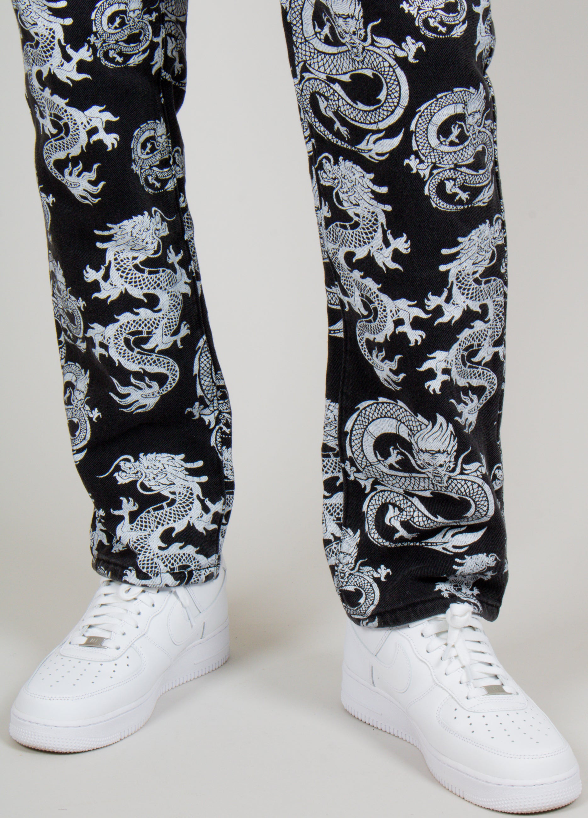 All-Over Dragon Print Straight Leg Black Jeans