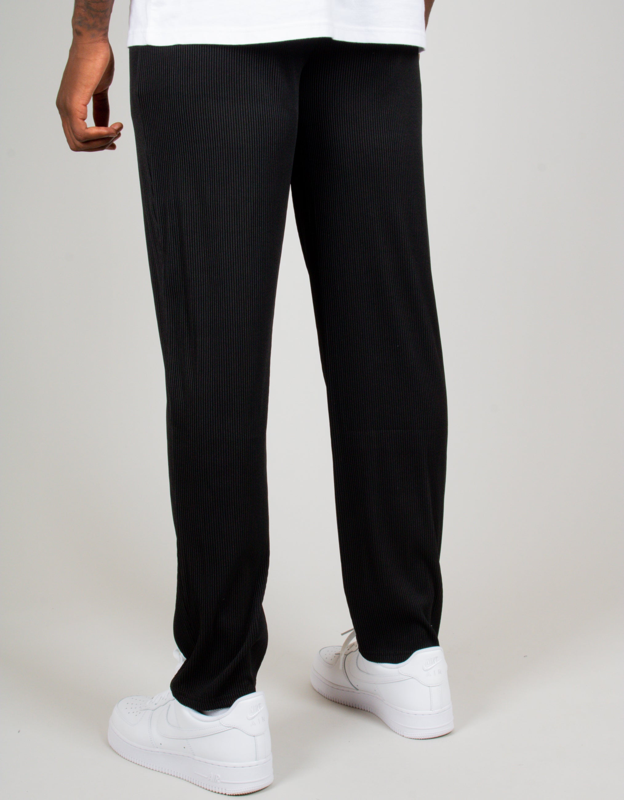 Japanese Text Plisse Black Straight Leg Trousers