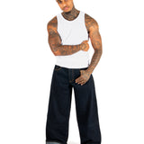 Raw Indigo Mid Rise Contrast Stitch Baggy Jeans