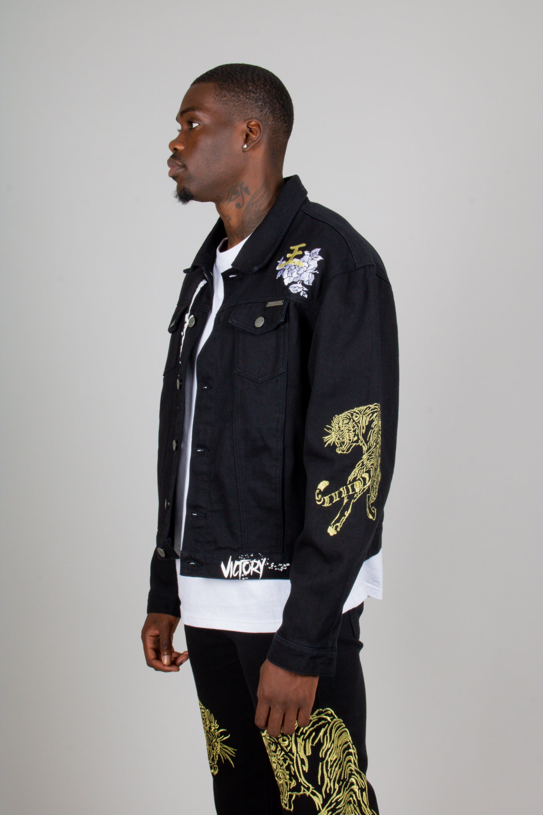 Golden Tiger Embroidered Oversized Black Trucker Jacket