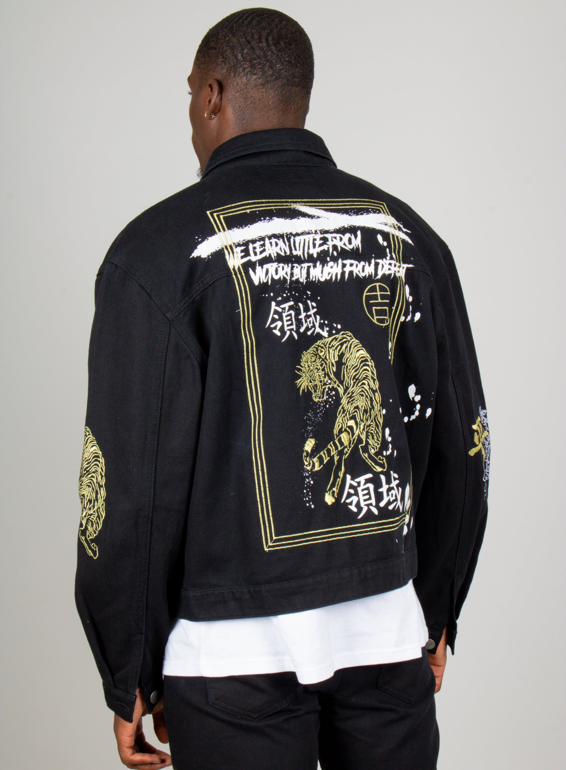 Golden Tiger Embroidered Oversized Black Trucker Jacket