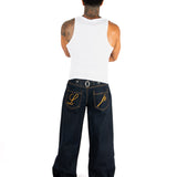 Raw Indigo Mid Rise Contrast Stitch Baggy Jeans