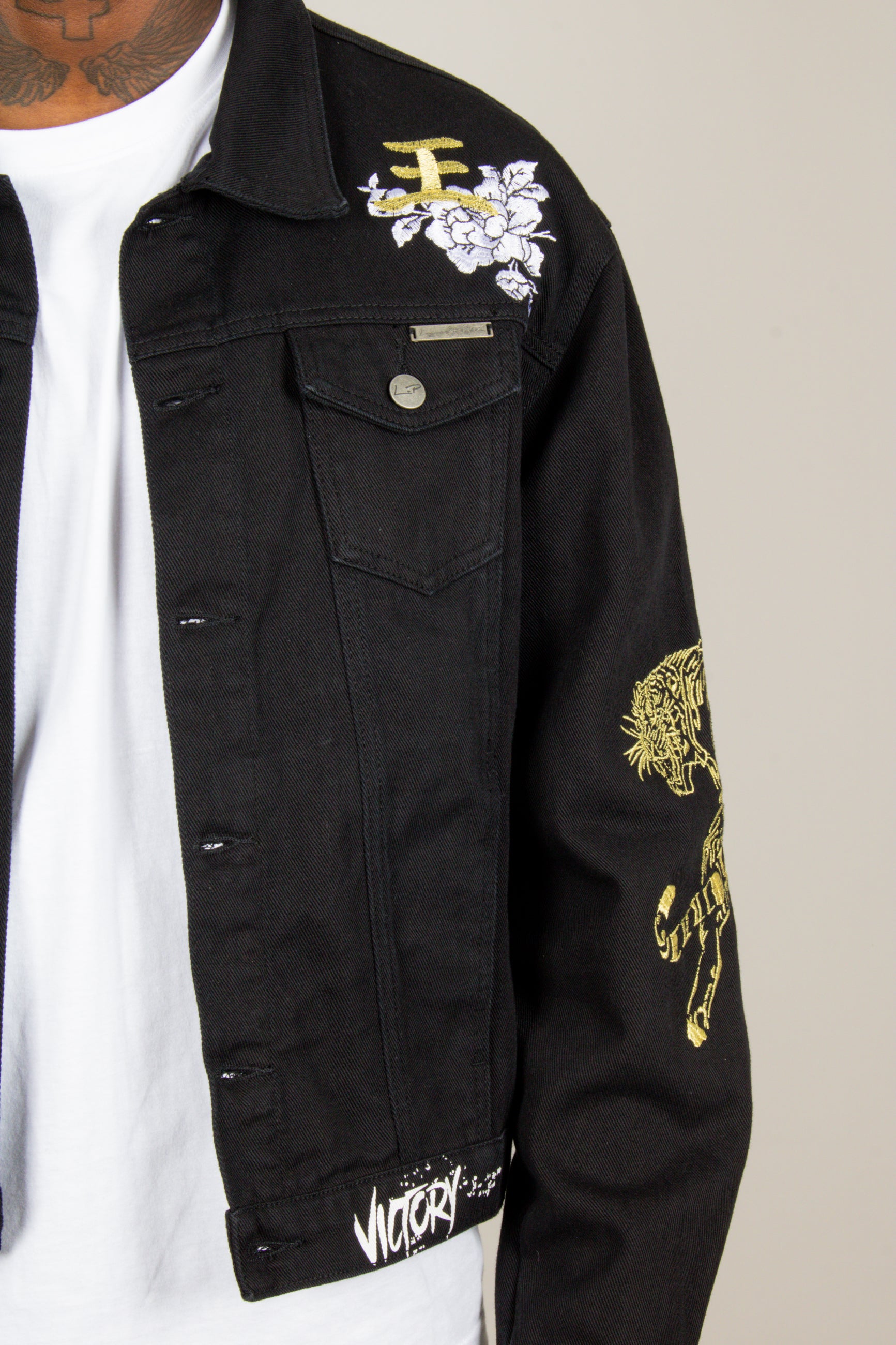 Golden Tiger Embroidered Oversized Black Trucker Jacket