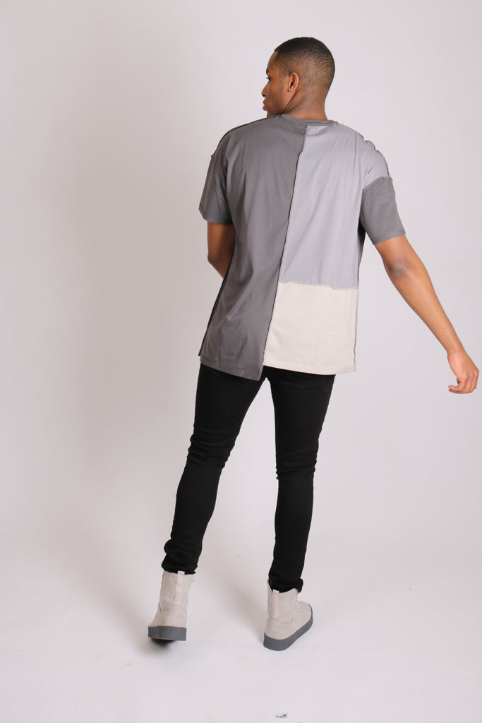 Grey Contrast Patchwork Oversized T-Shirt