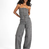 Washed Black Utility Carpenter Banded Denim Jumpsuit
