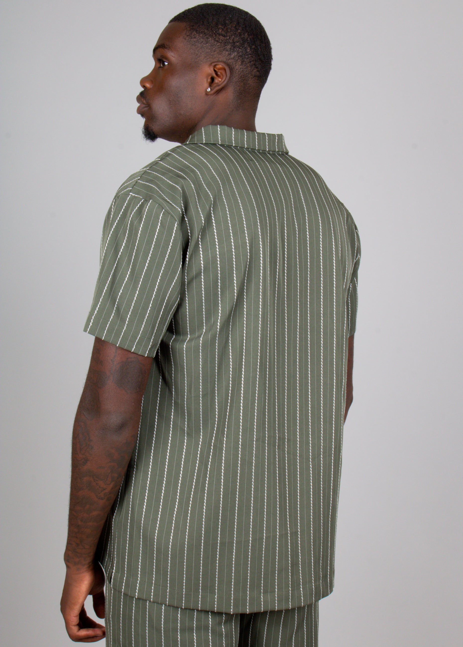 Khaki Pinstripe Revere Collar Short Sleeve Shirt