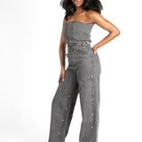 Washed Black Utility Carpenter Banded Denim Jumpsuit