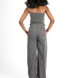 Washed Black Utility Carpenter Banded Denim Jumpsuit