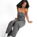 Washed Black Utility Carpenter Banded Denim Jumpsuit
