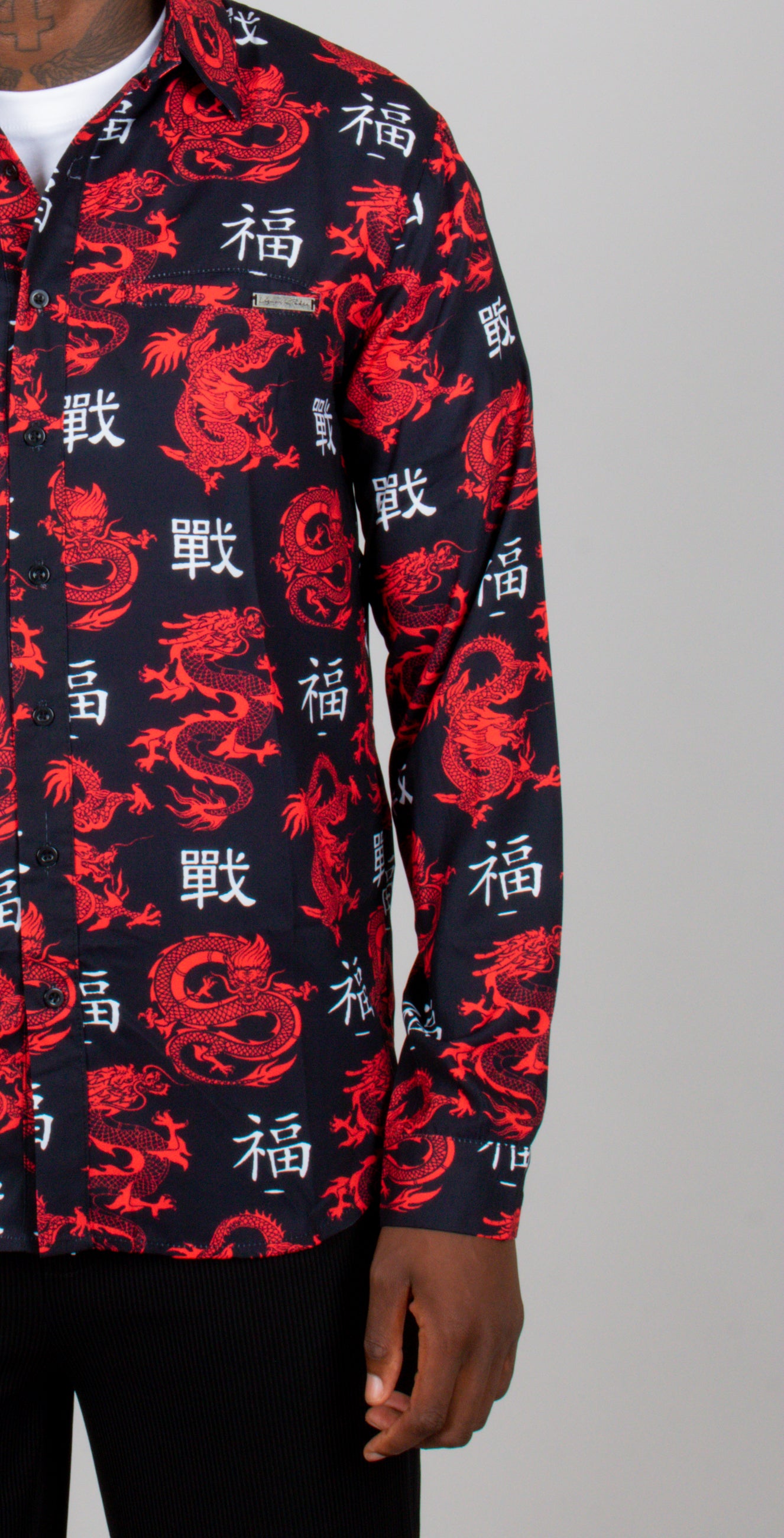 All-Over Dragon Print Long Sleeve Black Shirt