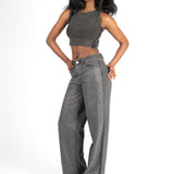 Acid Grey Ribbed Crop Top With Hook & Eye Detail