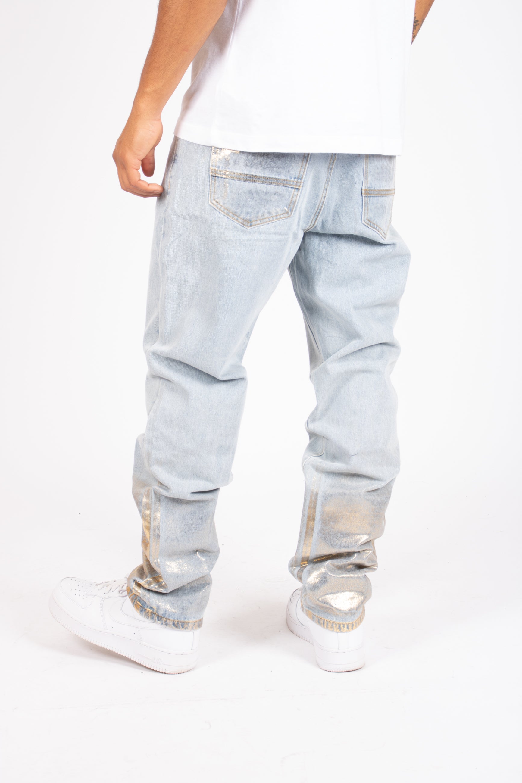 Metallic Faded Stonewash Straight Leg Jeans