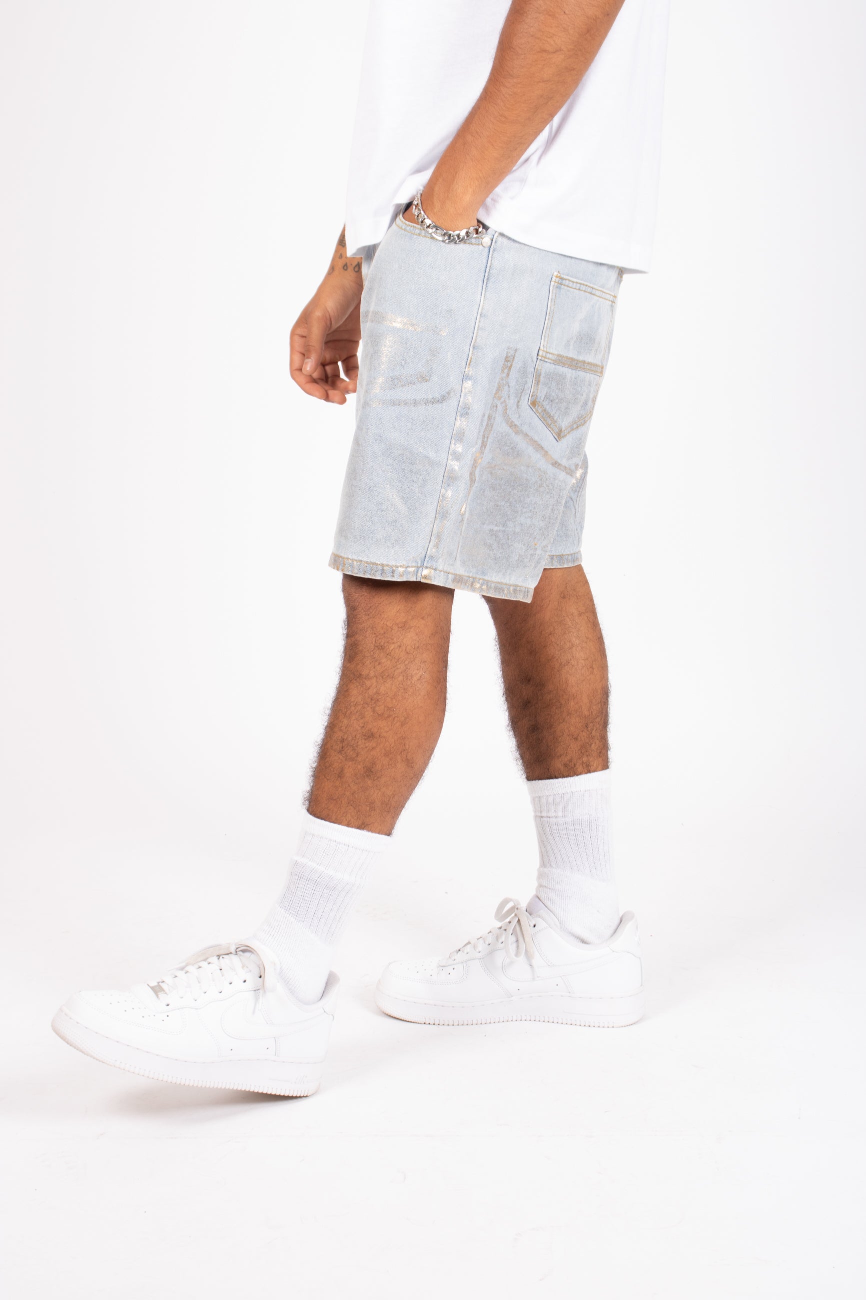 Metallic Faded Stonewash Straight Leg Shorts