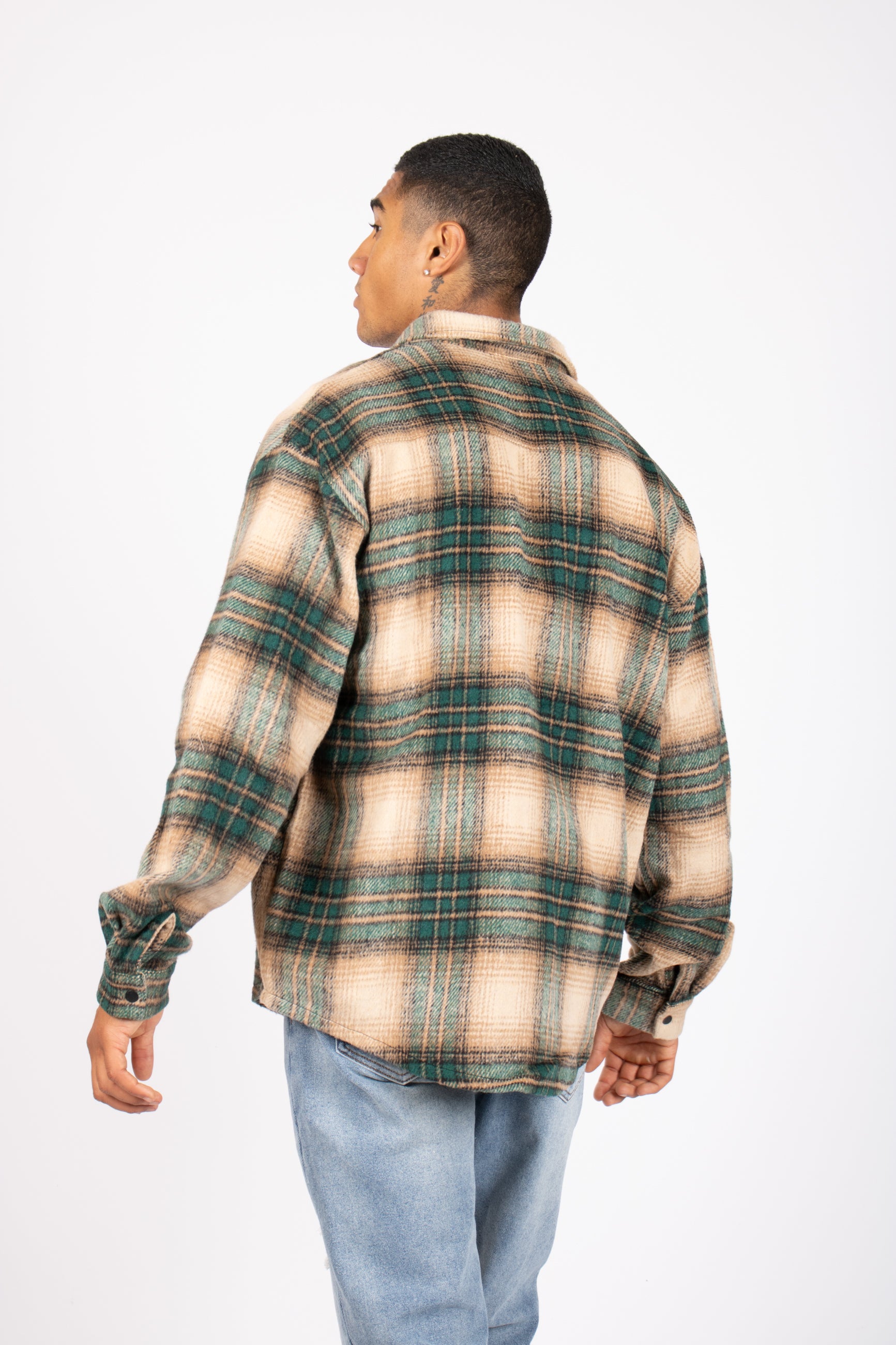 Utility Flannel Overshirt in Beige and Green
