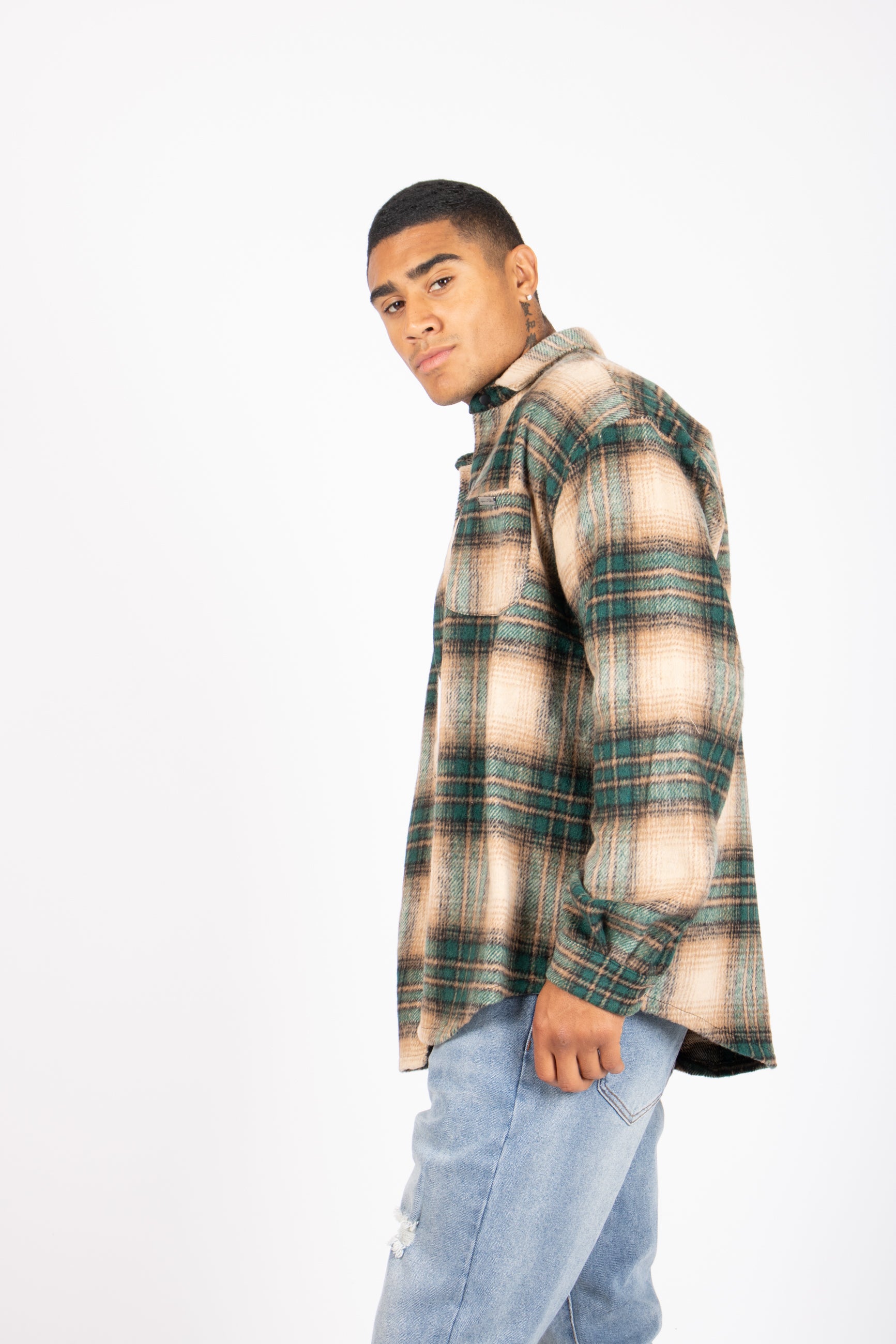 Utility Flannel Overshirt in Beige and Green