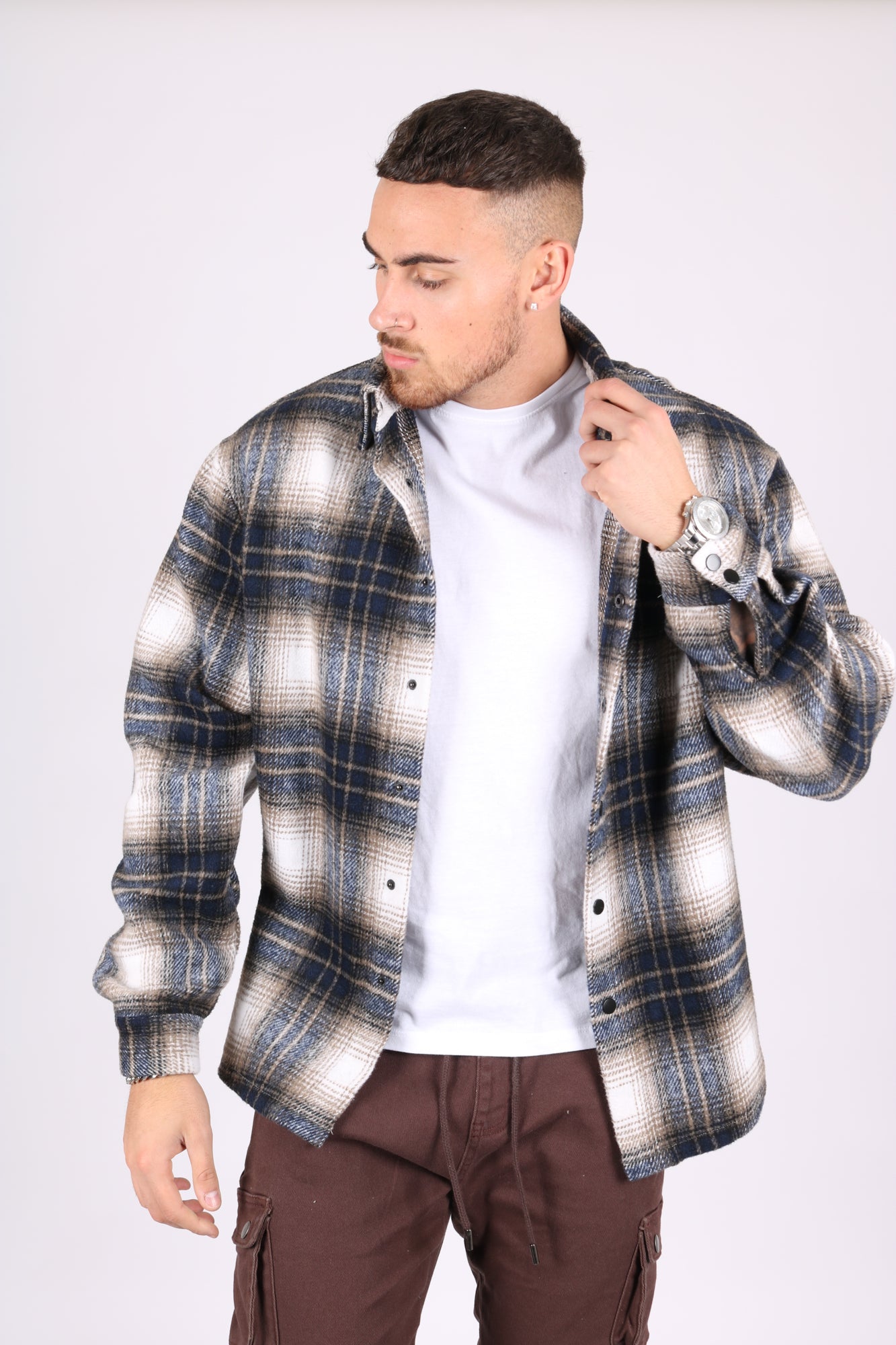 Utility Flannel Overshirt In Cream And Blue