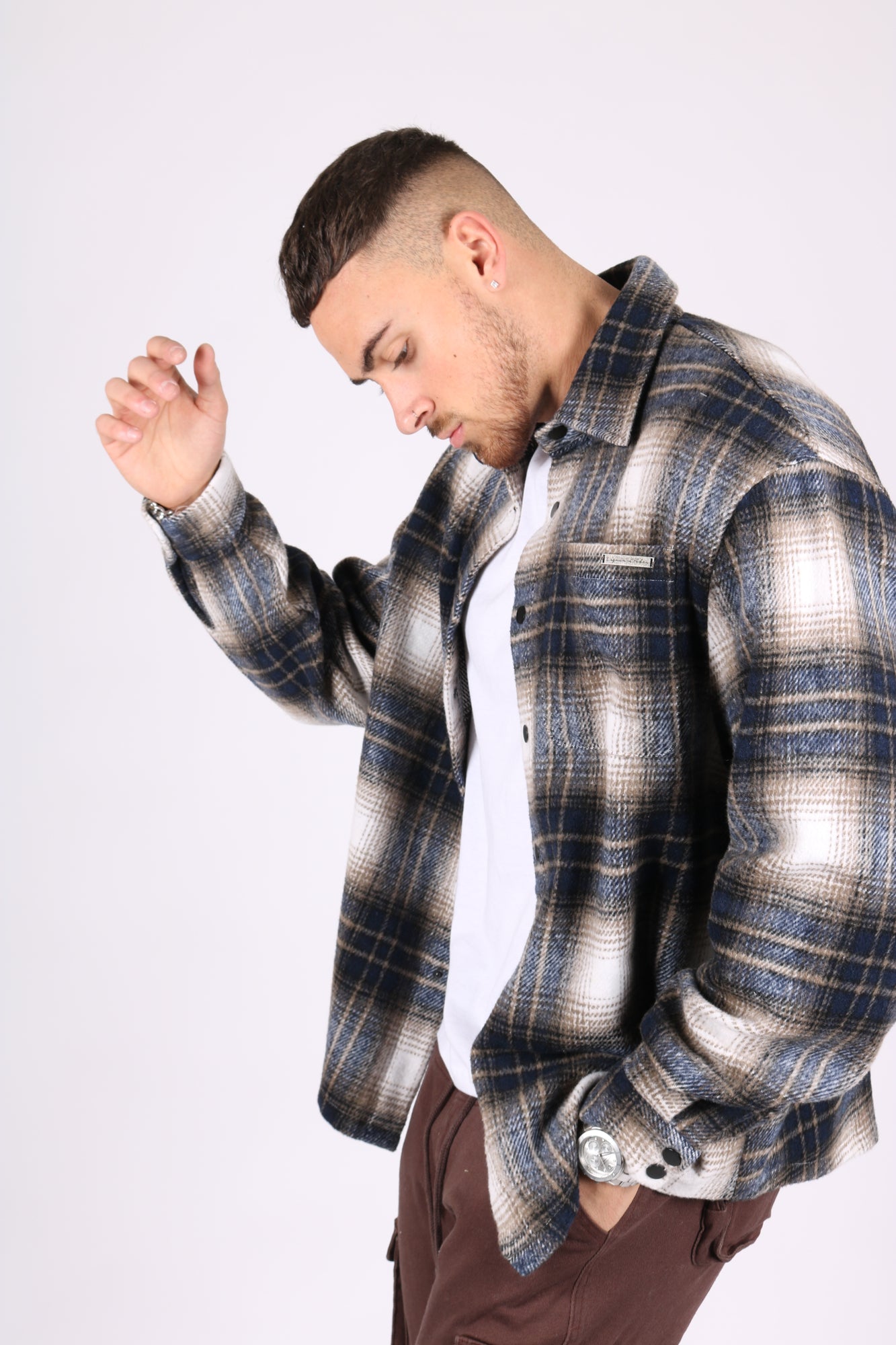 Utility Flannel Overshirt In Cream And Blue