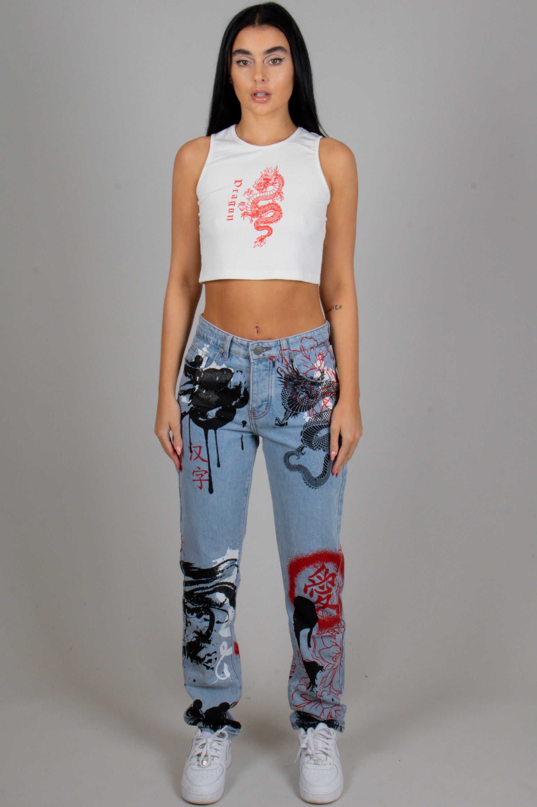 All-Over Dragon Graffiti Print Straight Leg Jeans