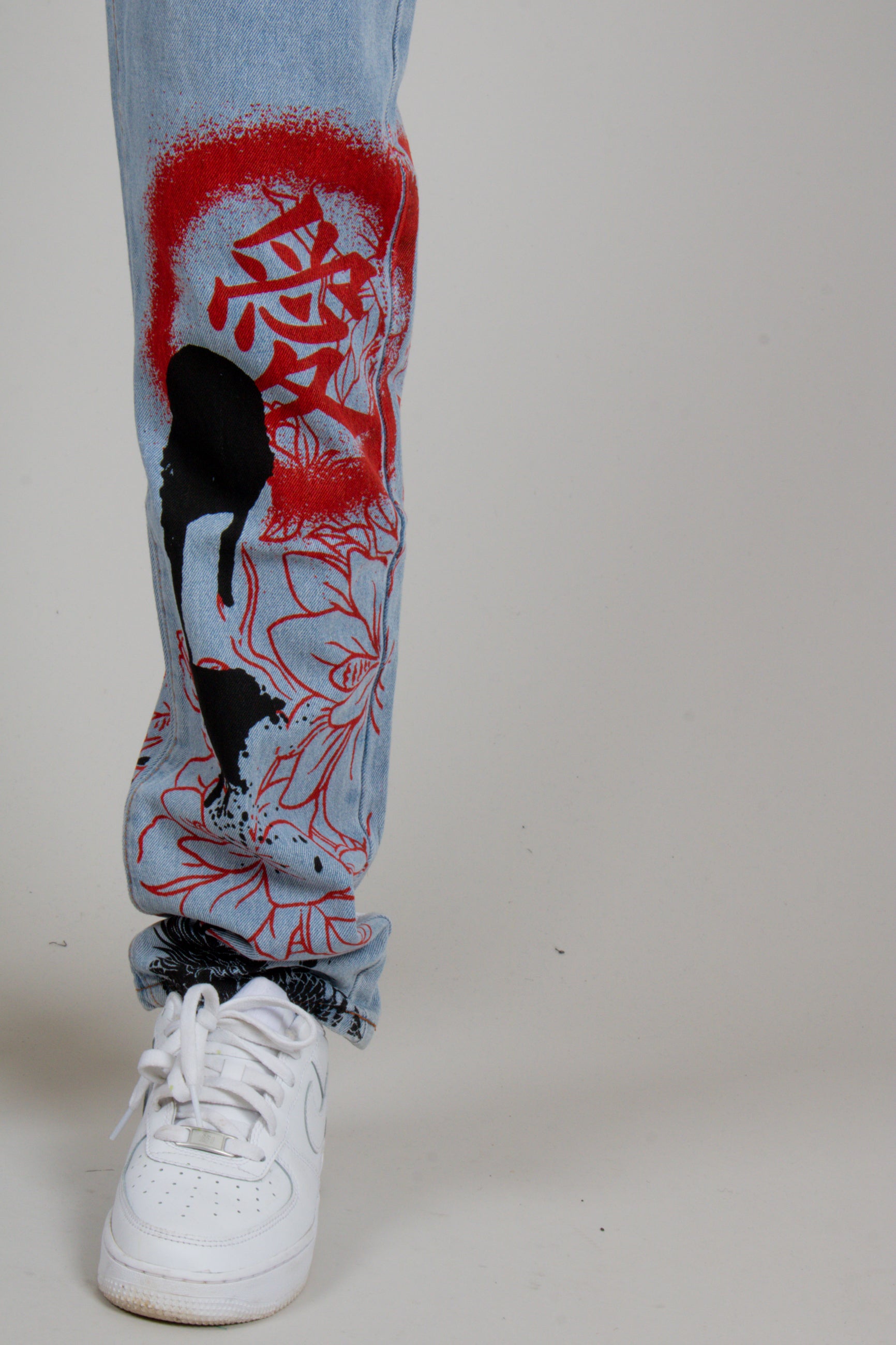 All-Over Dragon Graffiti Print Straight Leg Jeans