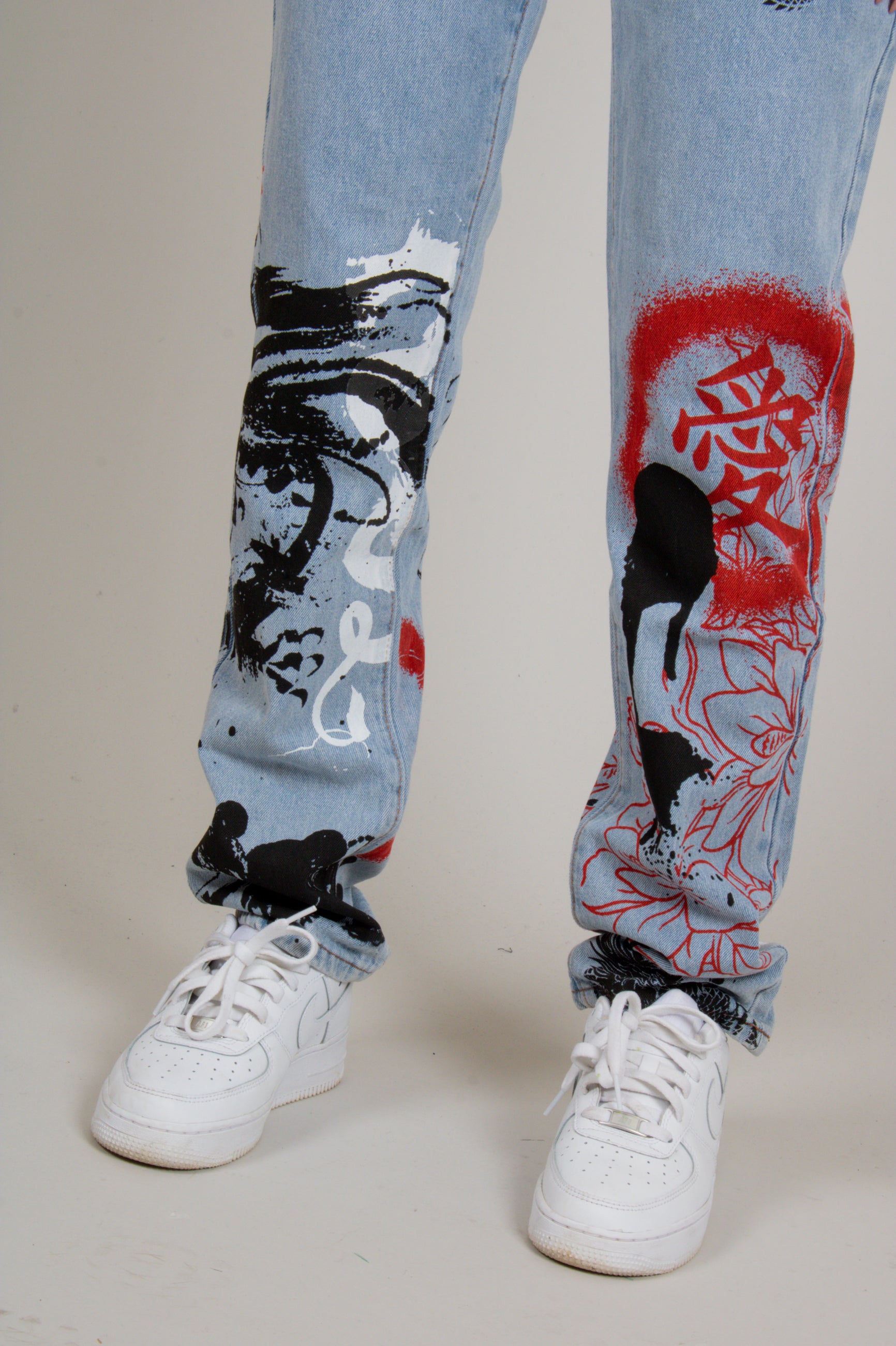 All-Over Dragon Graffiti Print Straight Leg Jeans