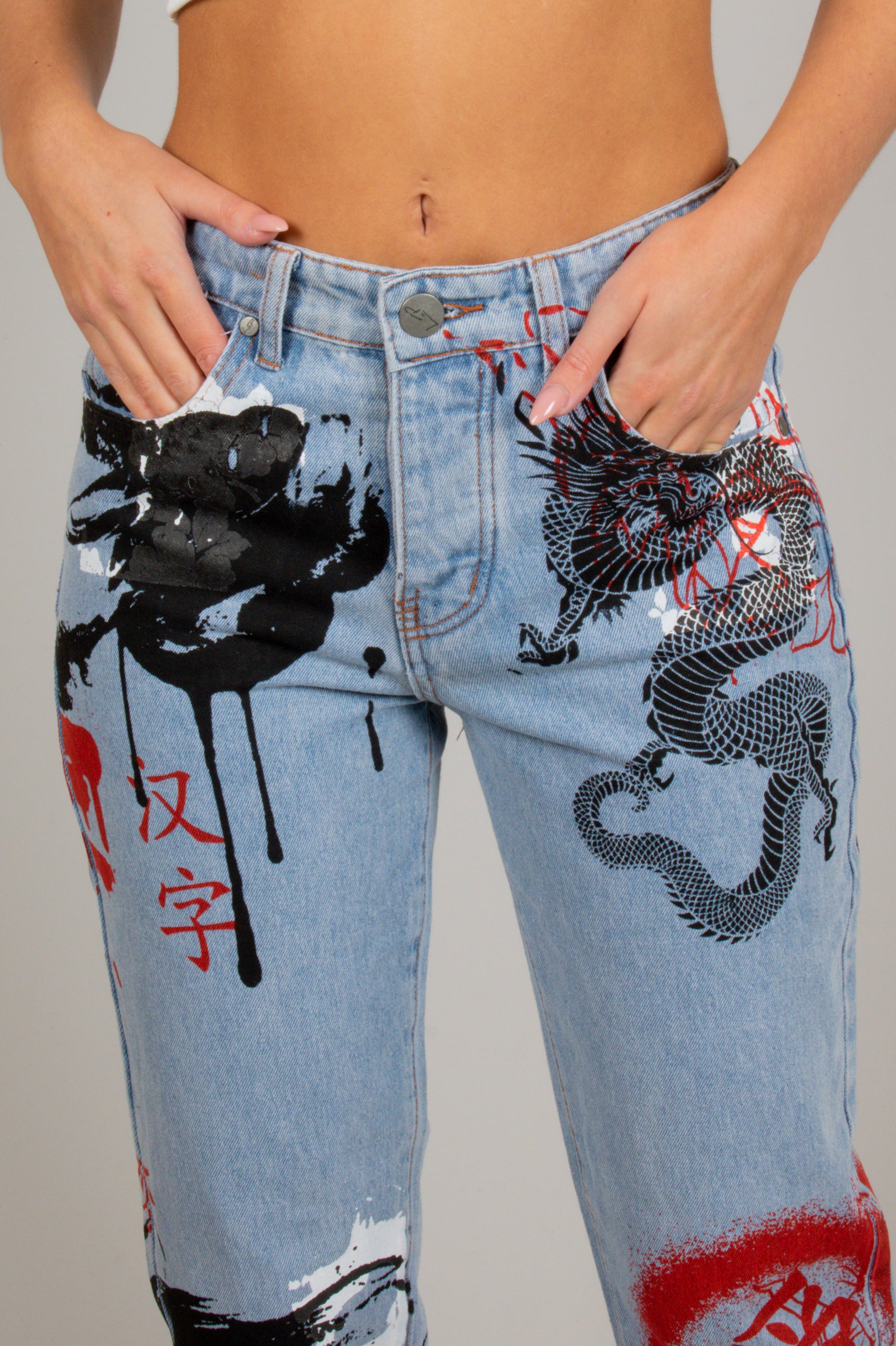 All-Over Dragon Graffiti Print Straight Leg Jeans