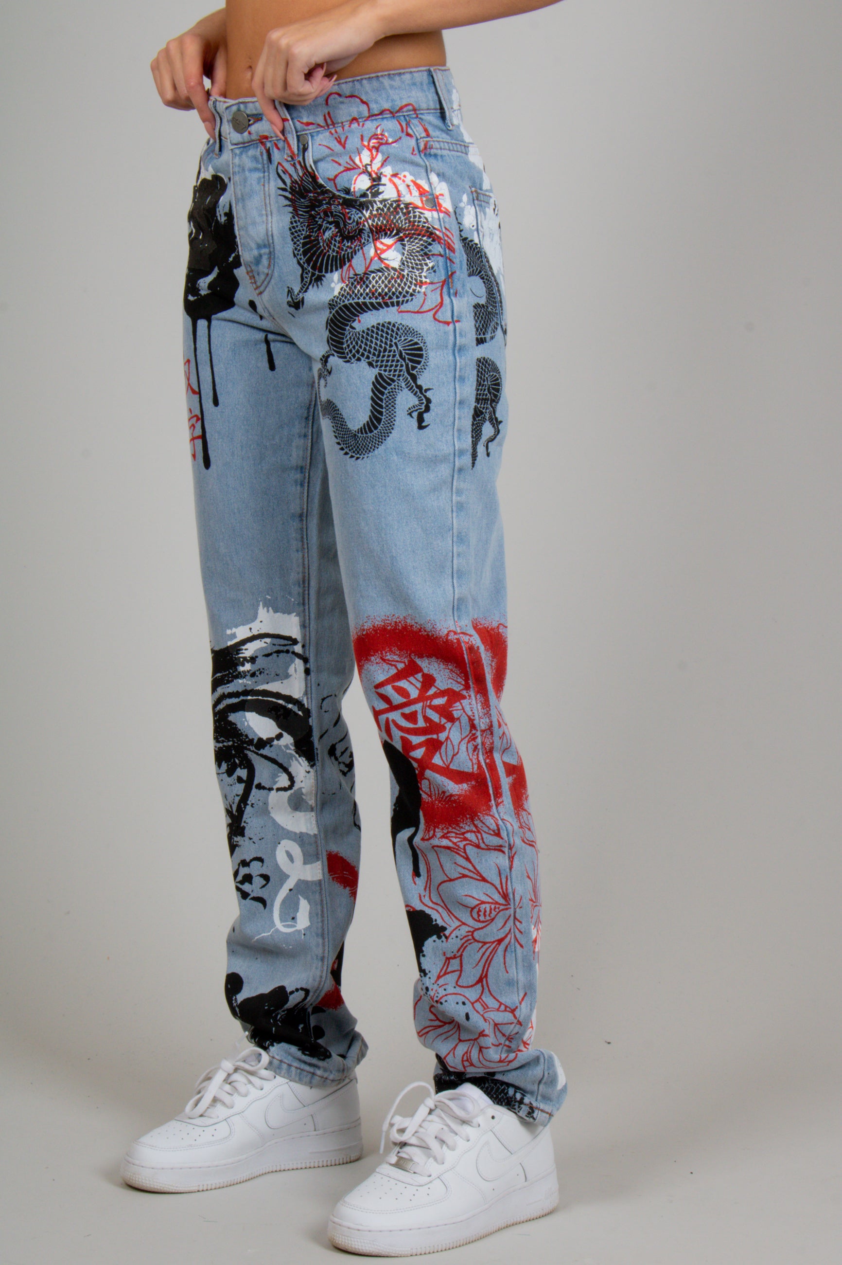All-Over Dragon Graffiti Print Straight Leg Jeans