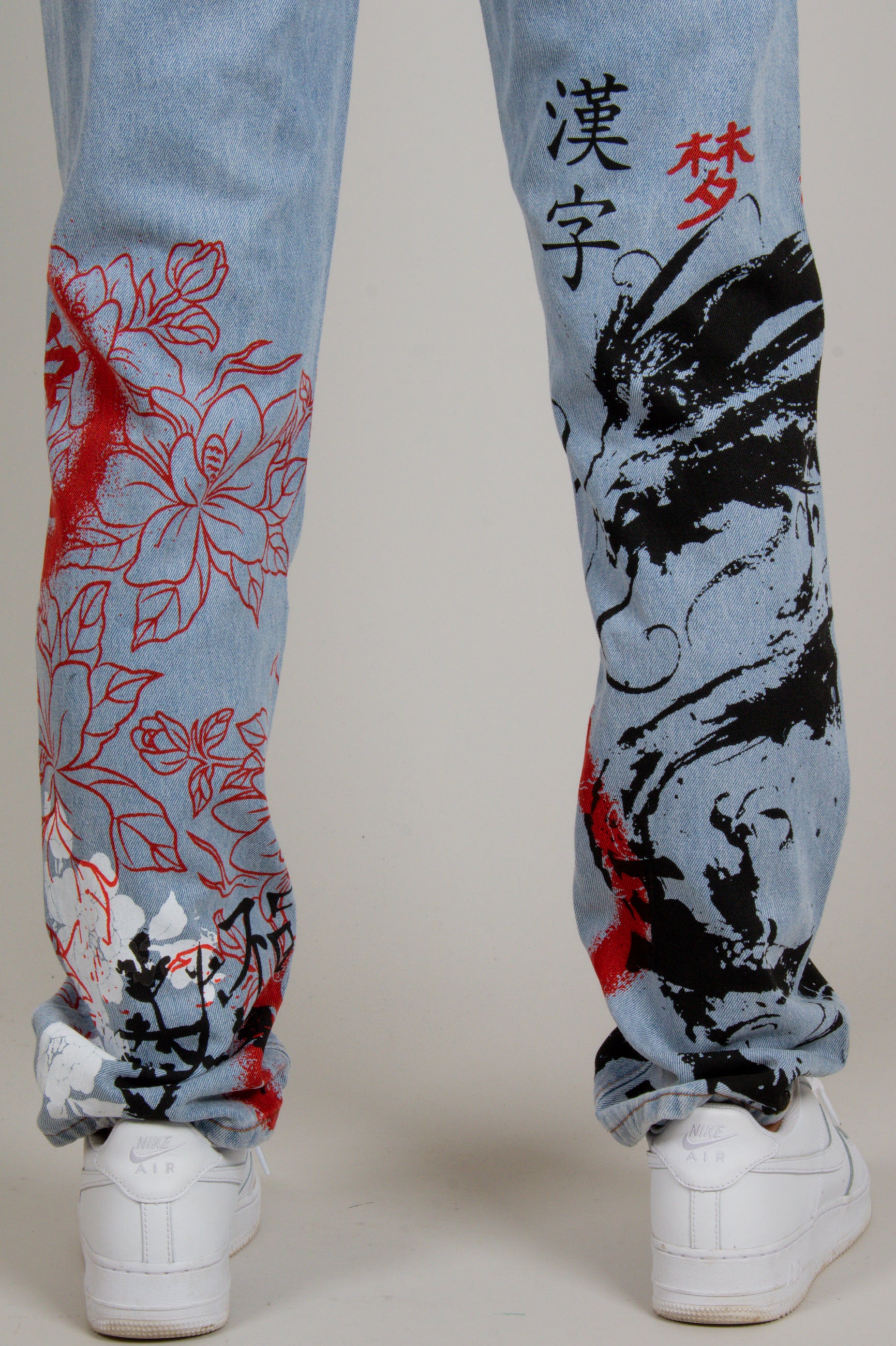 All-Over Dragon Graffiti Print Straight Leg Jeans