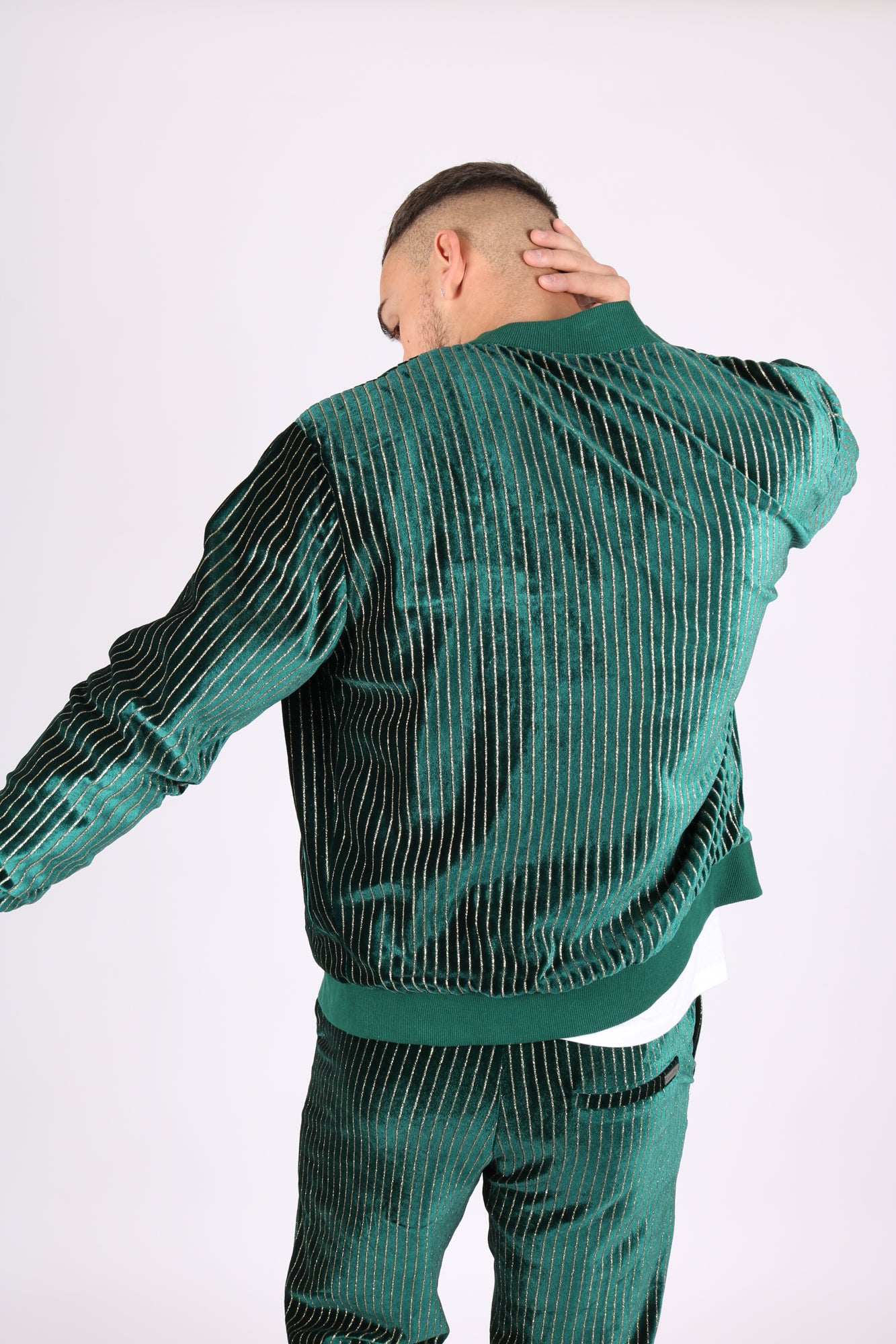 Oversized Green Pinstripe Velour Varsity Jacket