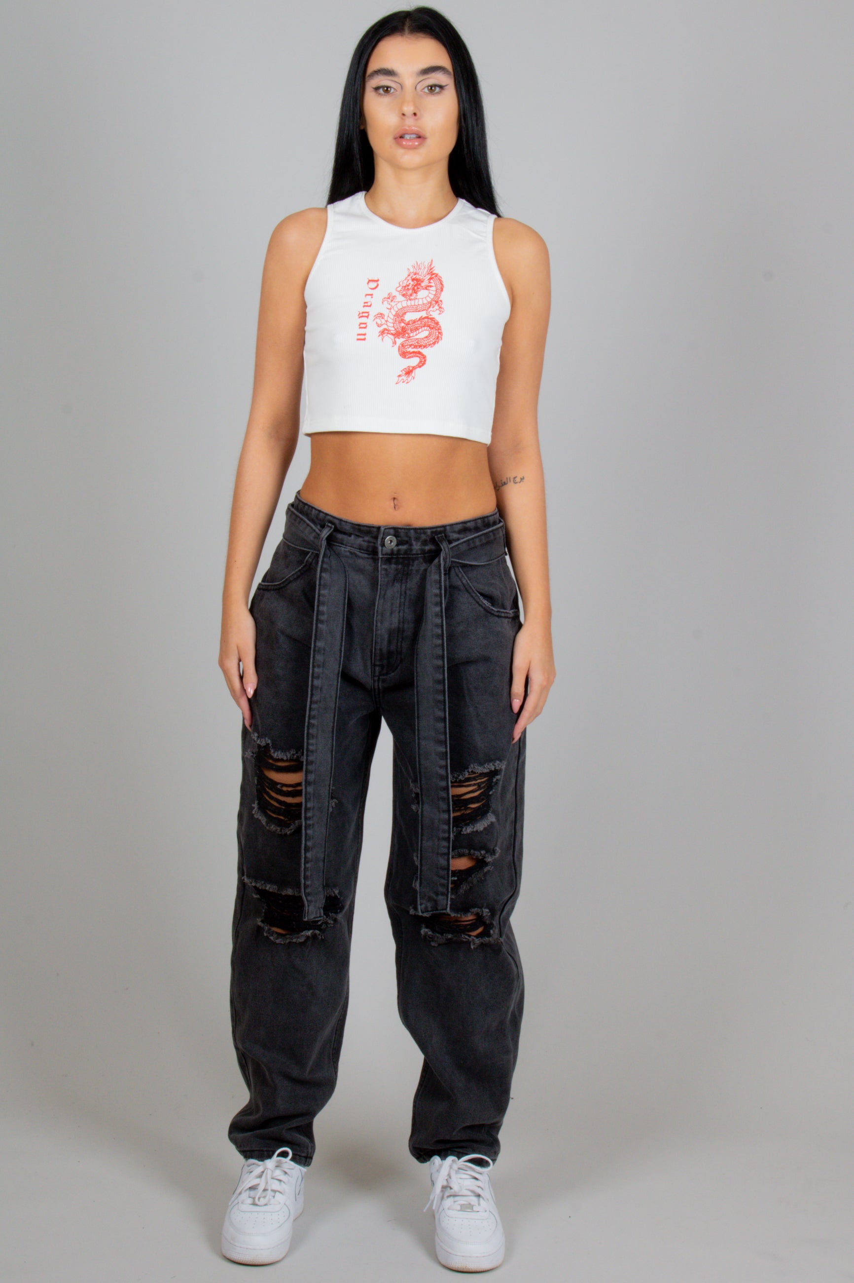 High-Rise Ripped Knee Belted Mom Jean