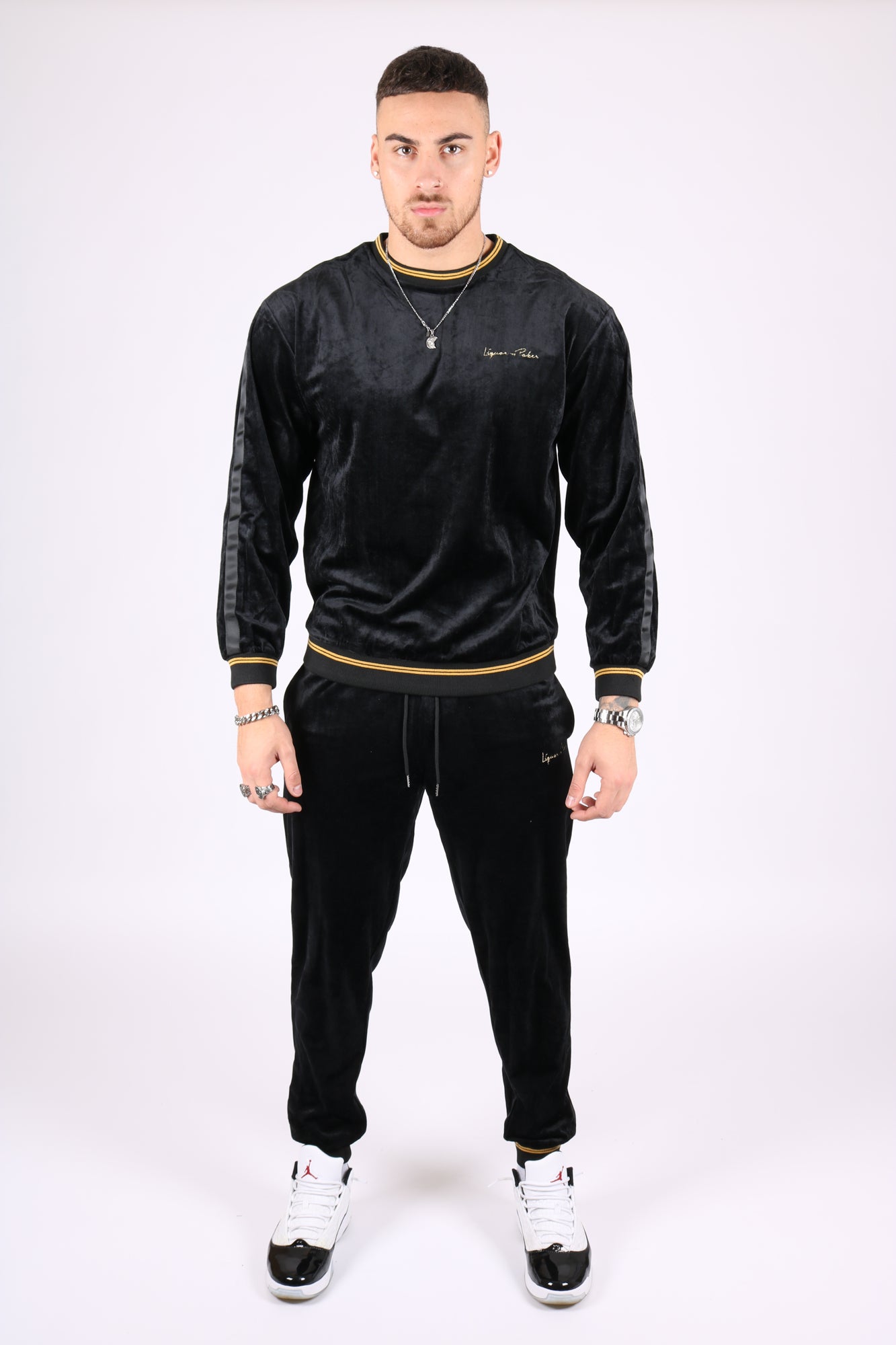 Playas Slim Fit Black And Gold Trim Velour Joggers