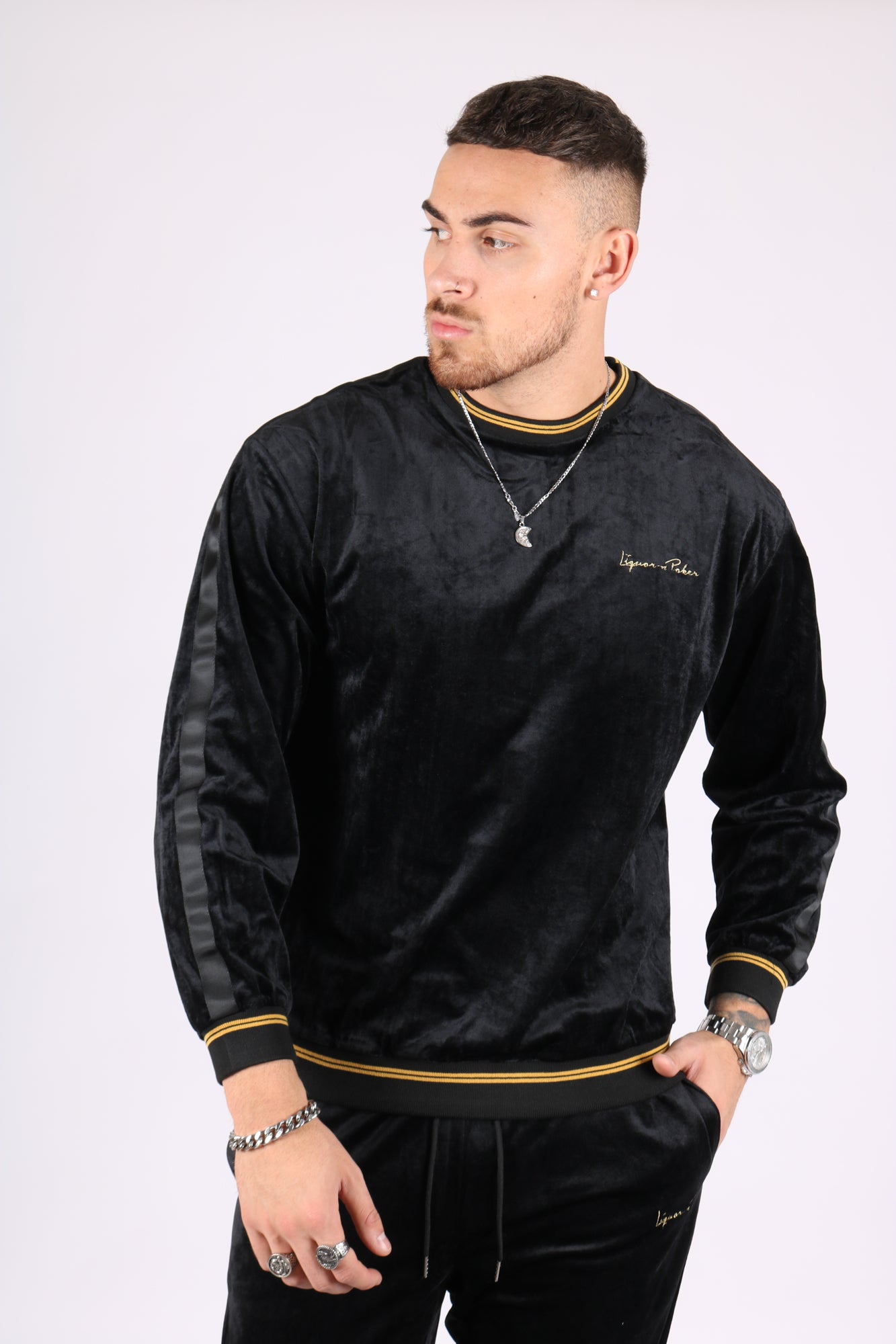 Playas Slim Fit Gold Trim Velour Black Sweater