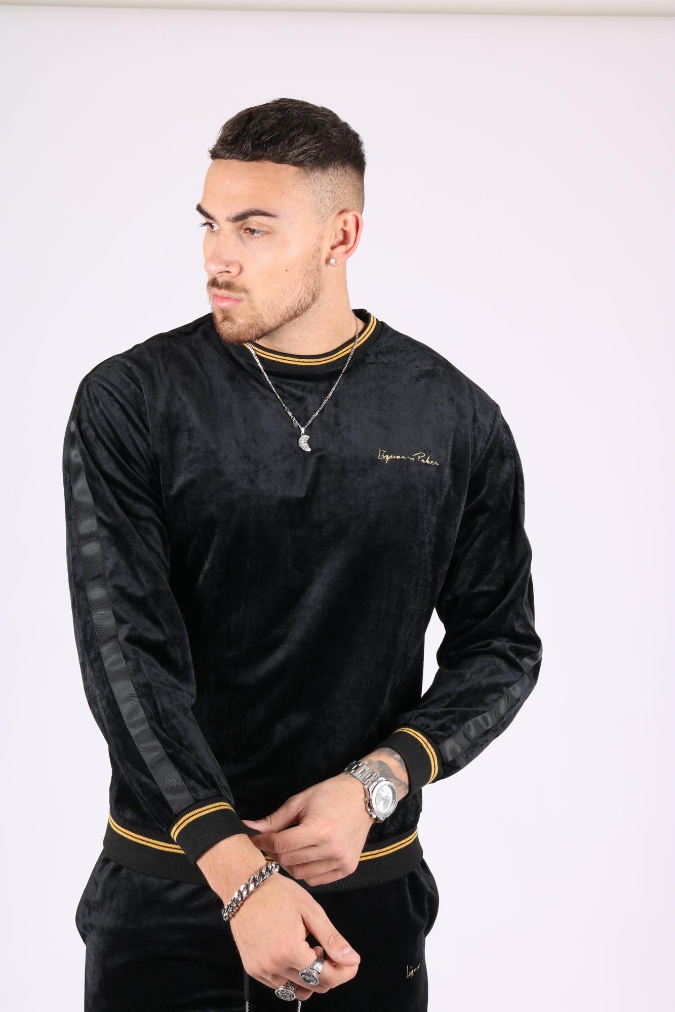 Playas Slim Fit Gold Trim Velour Black Sweater