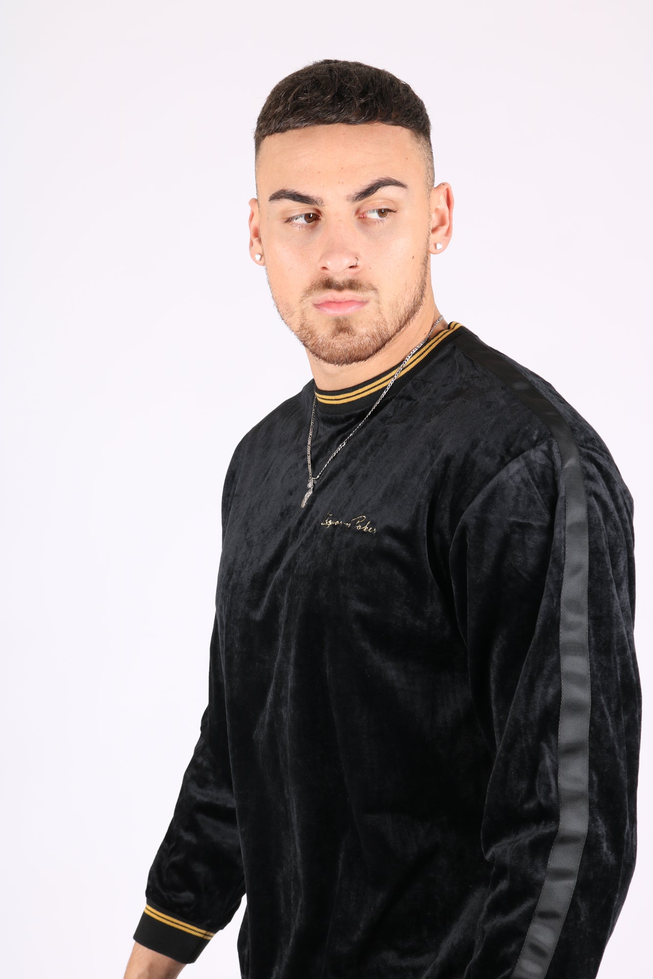 Playas Slim Fit Gold Trim Velour Black Sweater